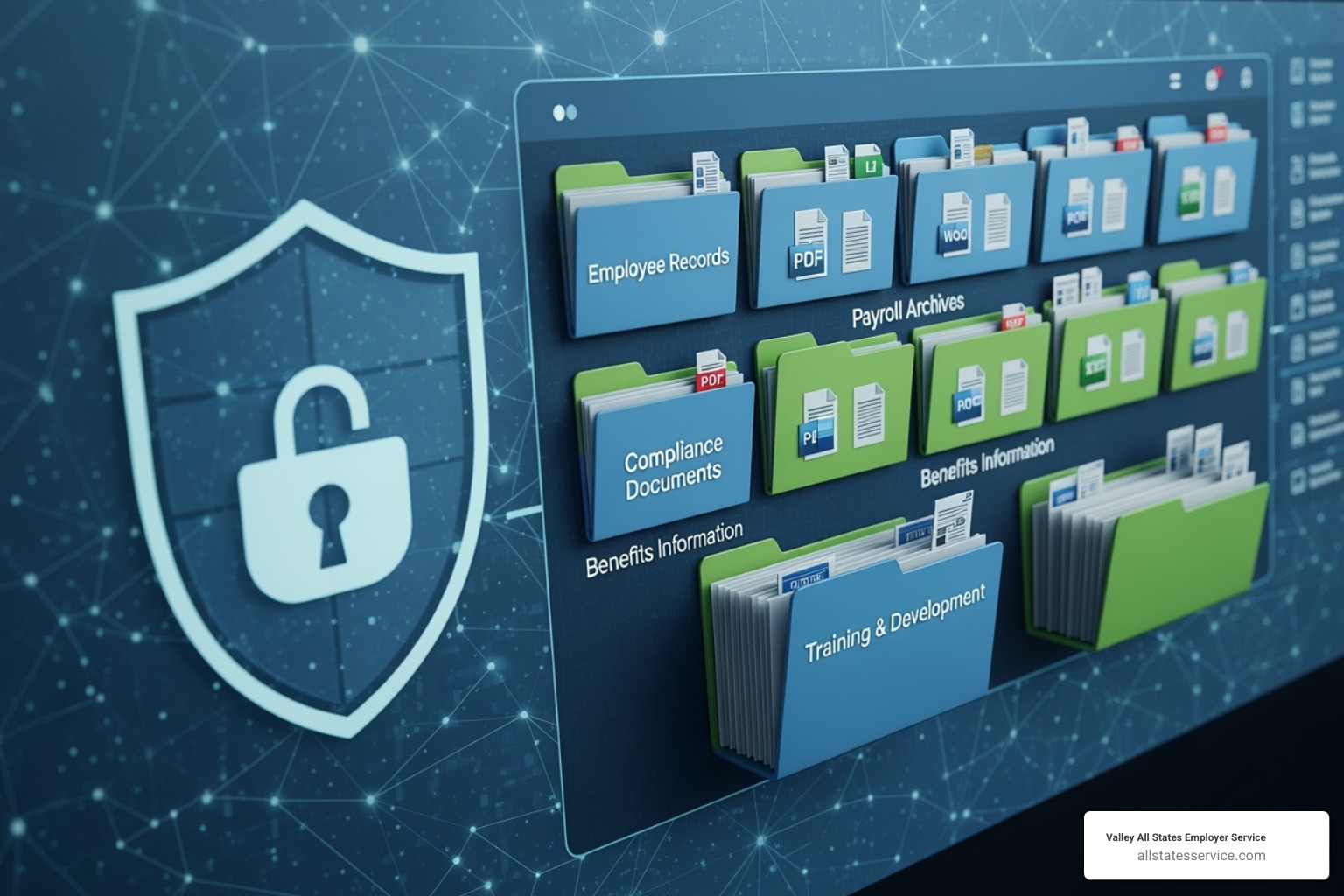 Secure digital document storage system with folders and files, representing organized and compliant record-keeping for HR documents - remote form i 9