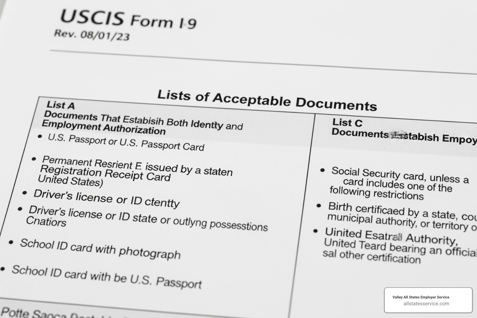 Image of the Lists of Acceptable Documents page from the I-9 form - what is i-9 form