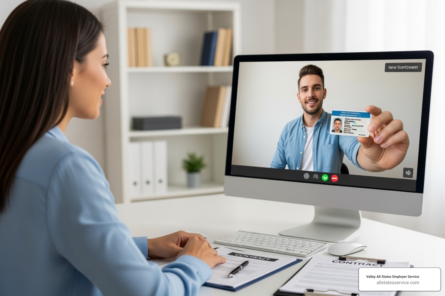 HR professional conducting a video call with a new hire to verify documents - i-9 verification process for remote employees HR professional conducting a video call with a new hire to verify documents - i-9 verification process for remote employees