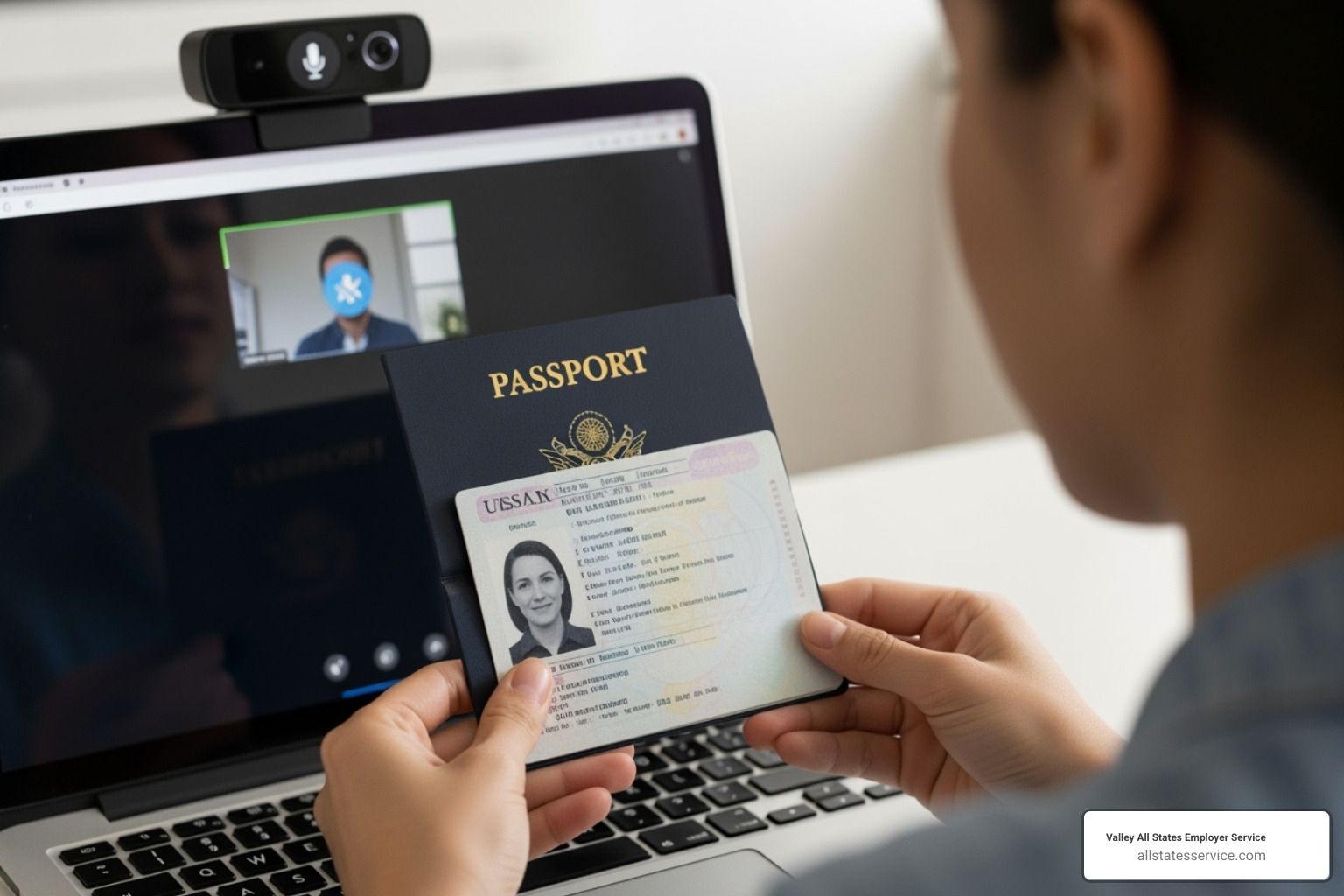 Person holding up passport to webcam - i-9 verification services for remote employees