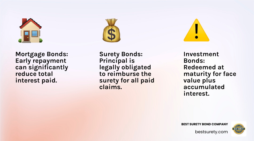Infographic showing the key differences between mortgage bonds (early repayment saves interest), investment bonds (redeem at maturity for face value), and surety bonds (principal must repay surety after claims) - pay off bond infographic 3_facts_emoji_light-gradient