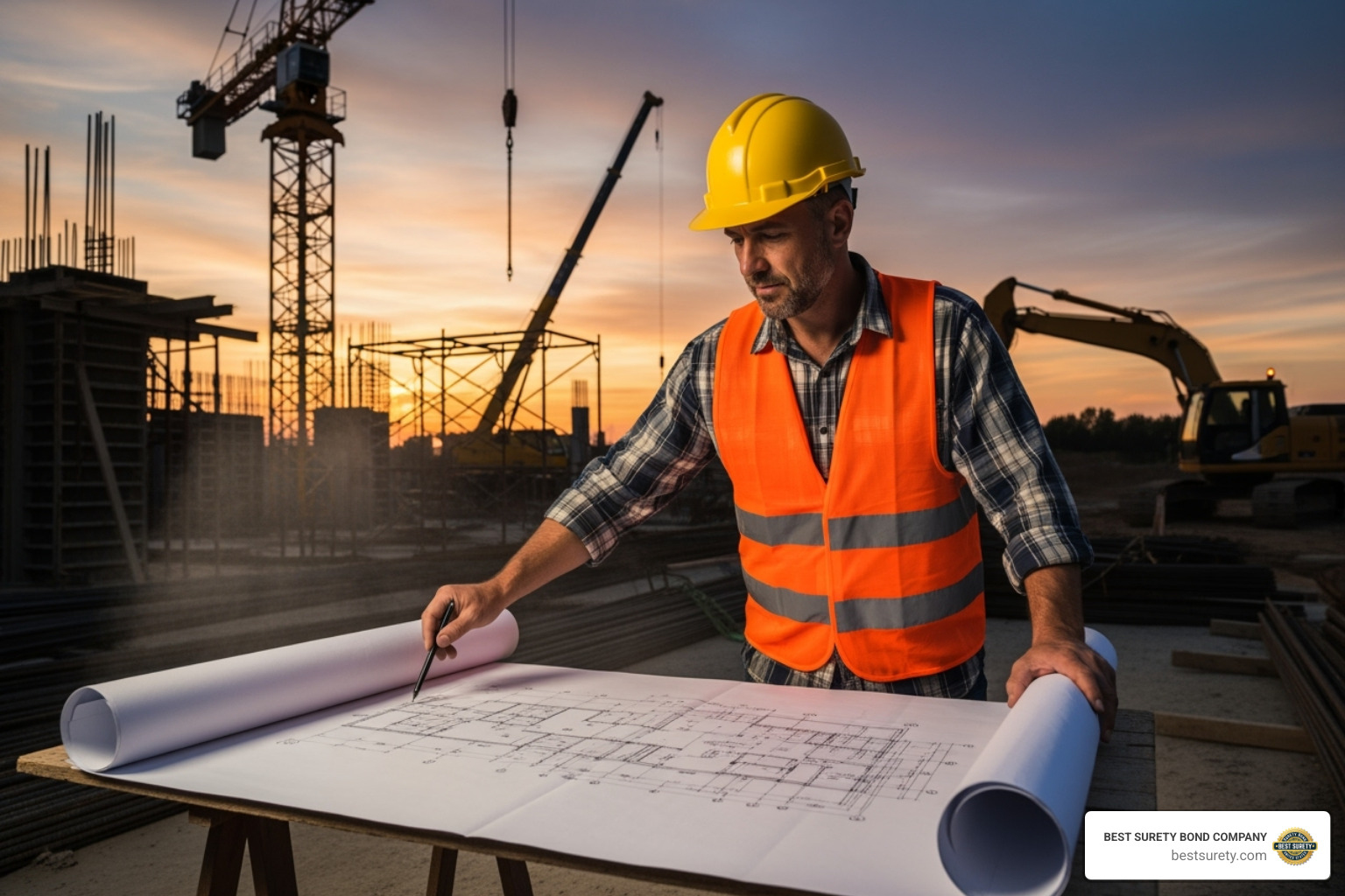image of a contractor reviewing project blueprints - pay off bond