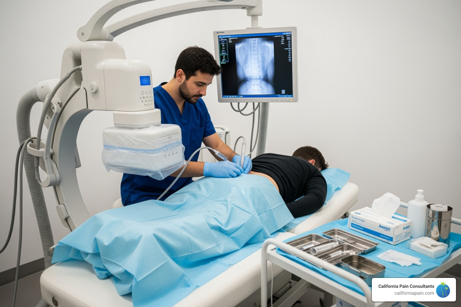 A doctor performing a fluoroscopically guided injection in an outpatient setting - advanced pain management california