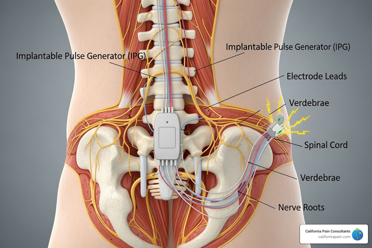 Diagram showing a neuromodulation implant, illustrating the device and lead placement - advanced pain management california