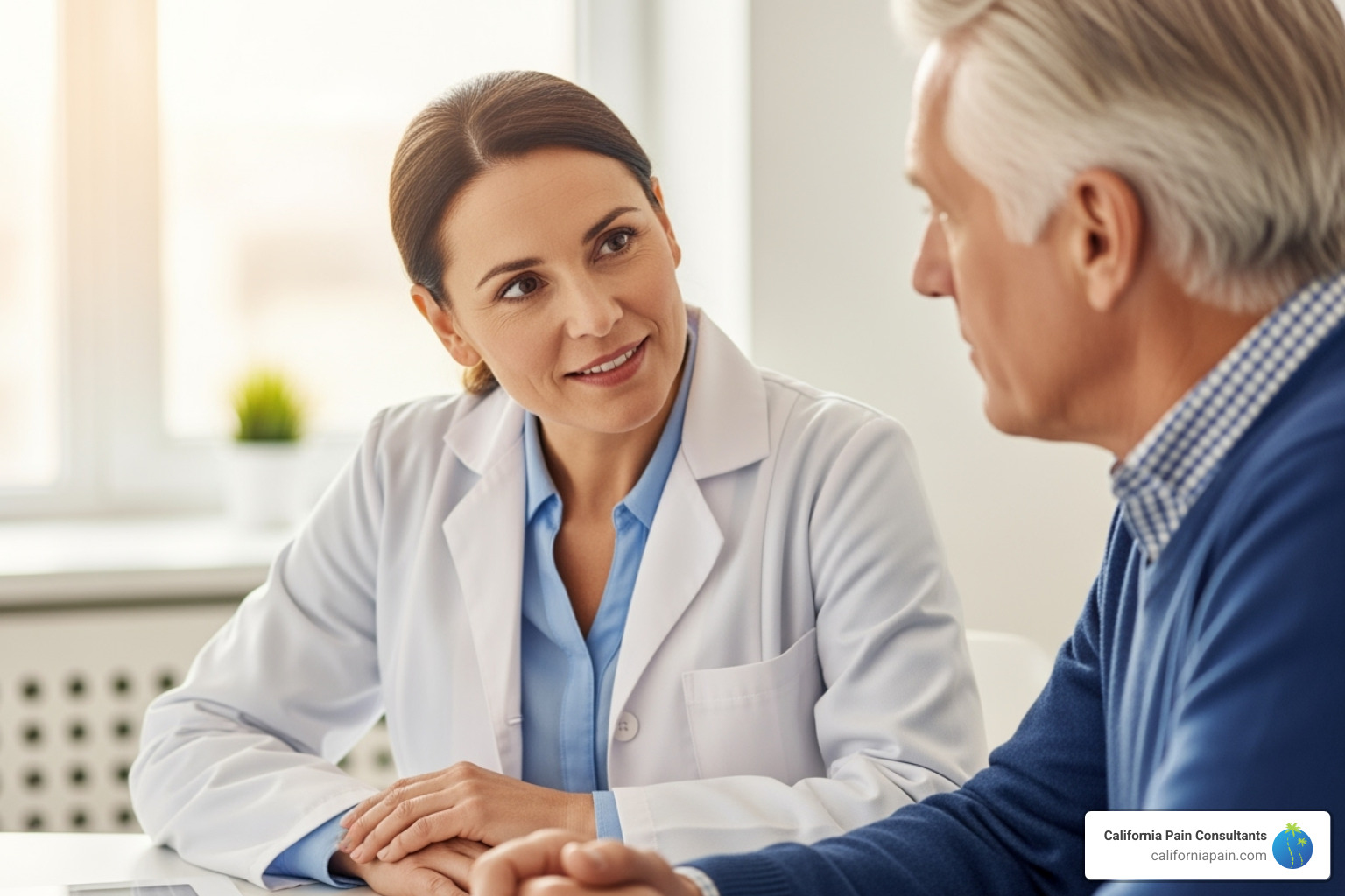A close-up of a doctor and patient discussing treatment options, emphasizing personalized care - advanced pain management california
