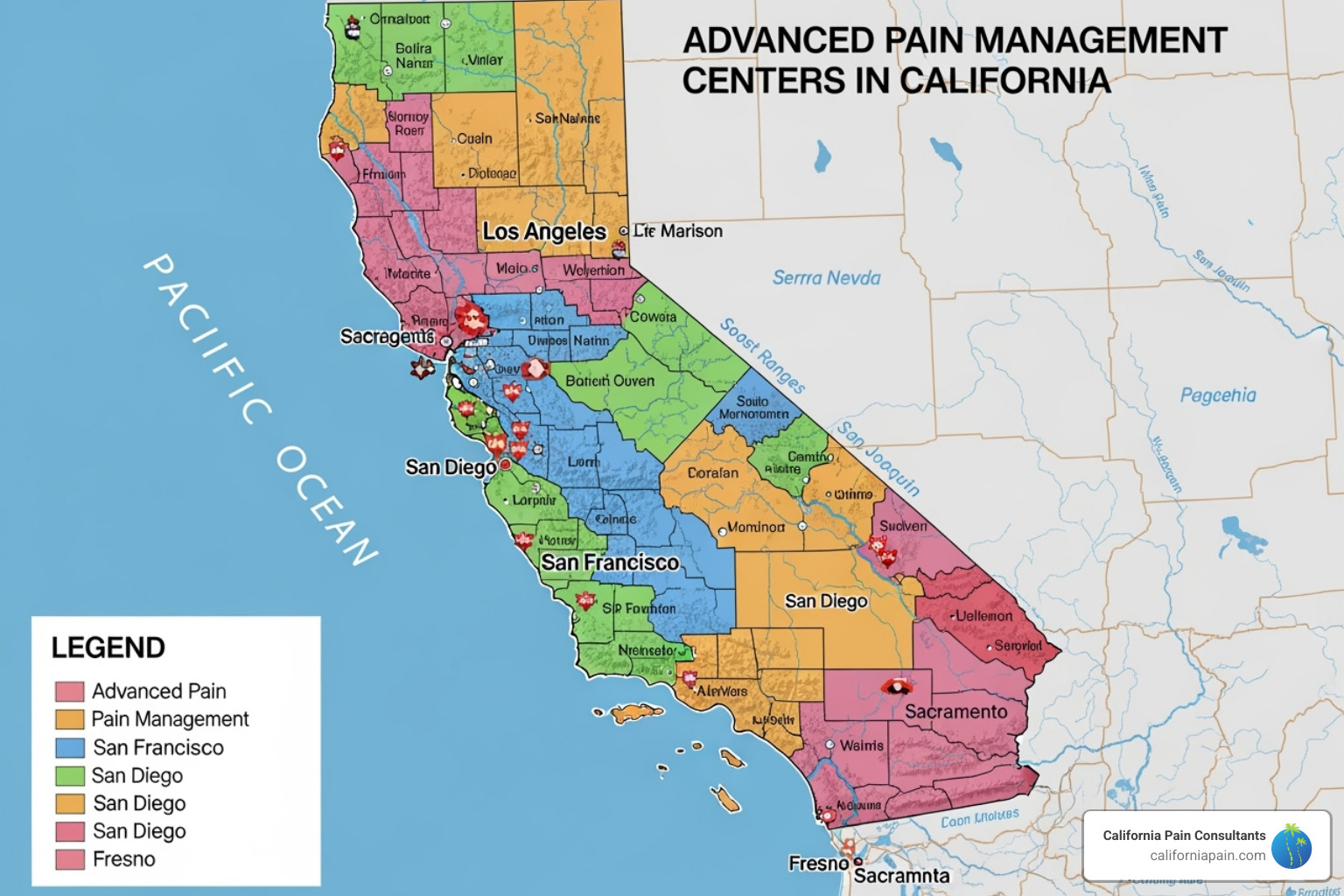 Map of California highlighting regions with advanced pain management centers - advanced pain management california