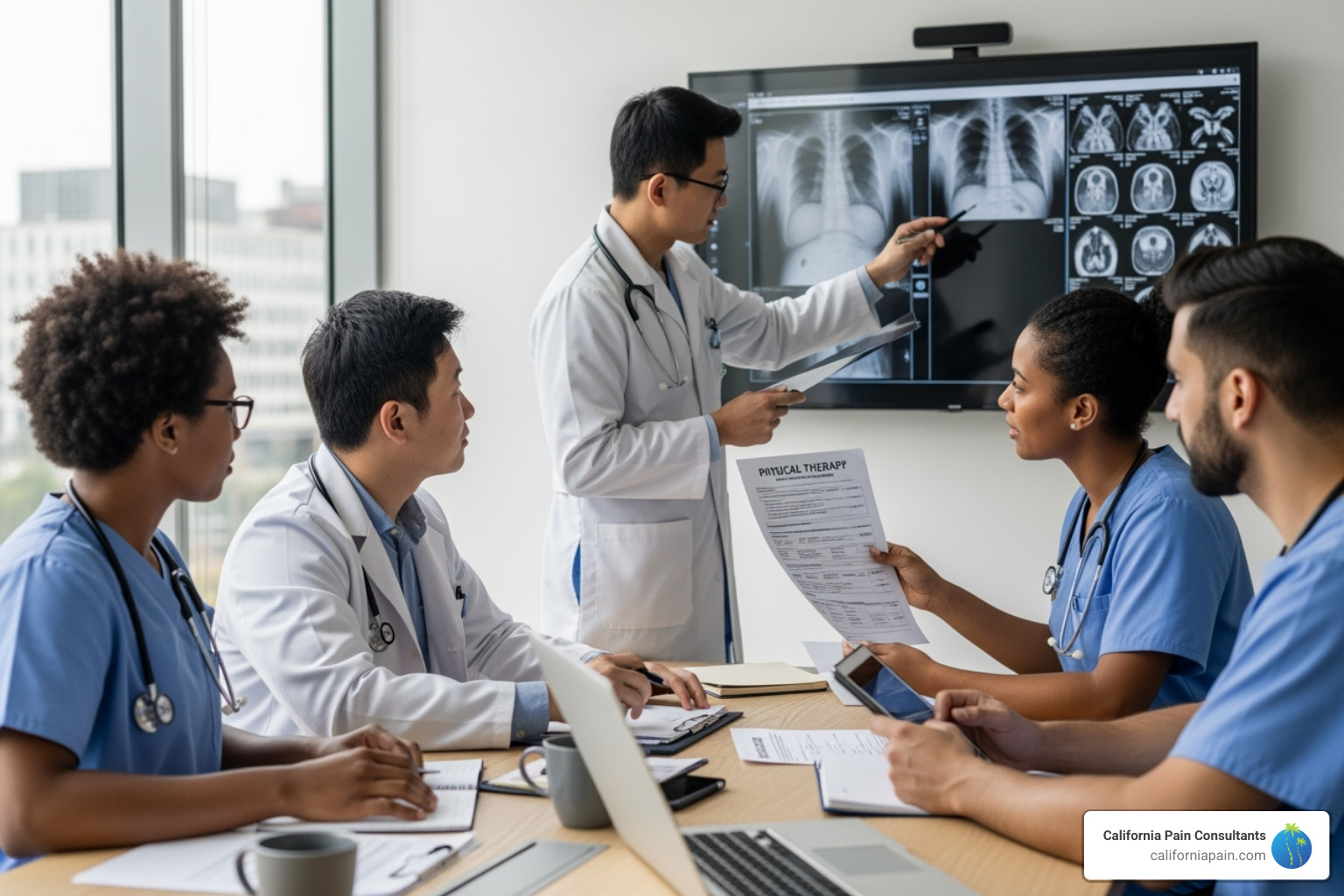 Multidisciplinary team of pain specialists collaborating on a patient's treatment plan, showing a doctor, physical therapist, and nurse discussing a chart - advanced pain therapy options