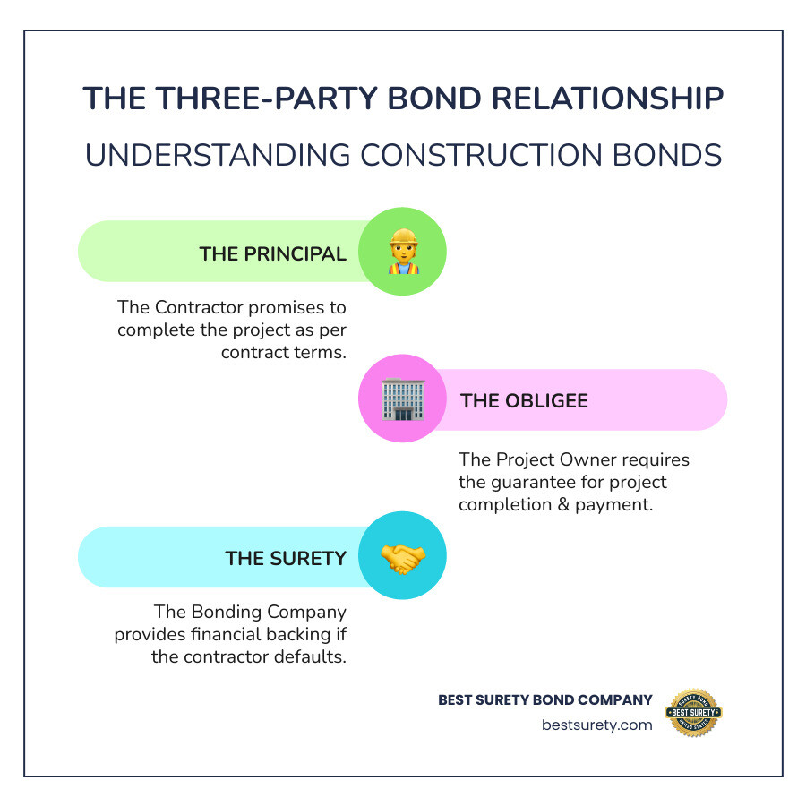 Infographic showing the three-party relationship in construction bonds with Principal (Contractor) making a promise to complete work, Obligee (Project Owner) requiring the guarantee, and Surety (Bonding Company) providing financial backing if the contractor defaults - construction bonds infographic infographic-line-3-steps-colors