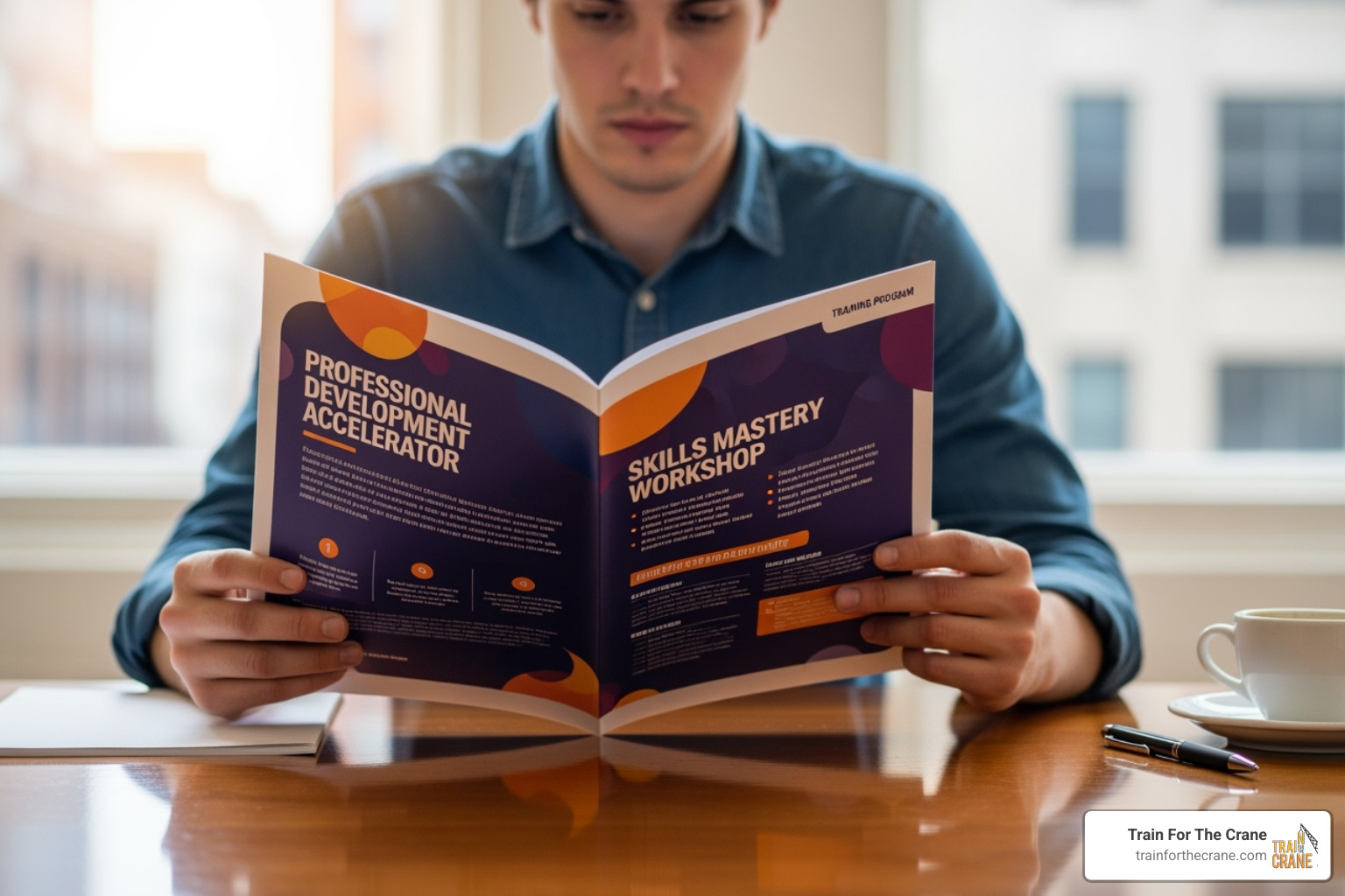 person reviewing a training program brochure - mobile crane operator certification person reviewing a training program brochure - mobile crane operator certification