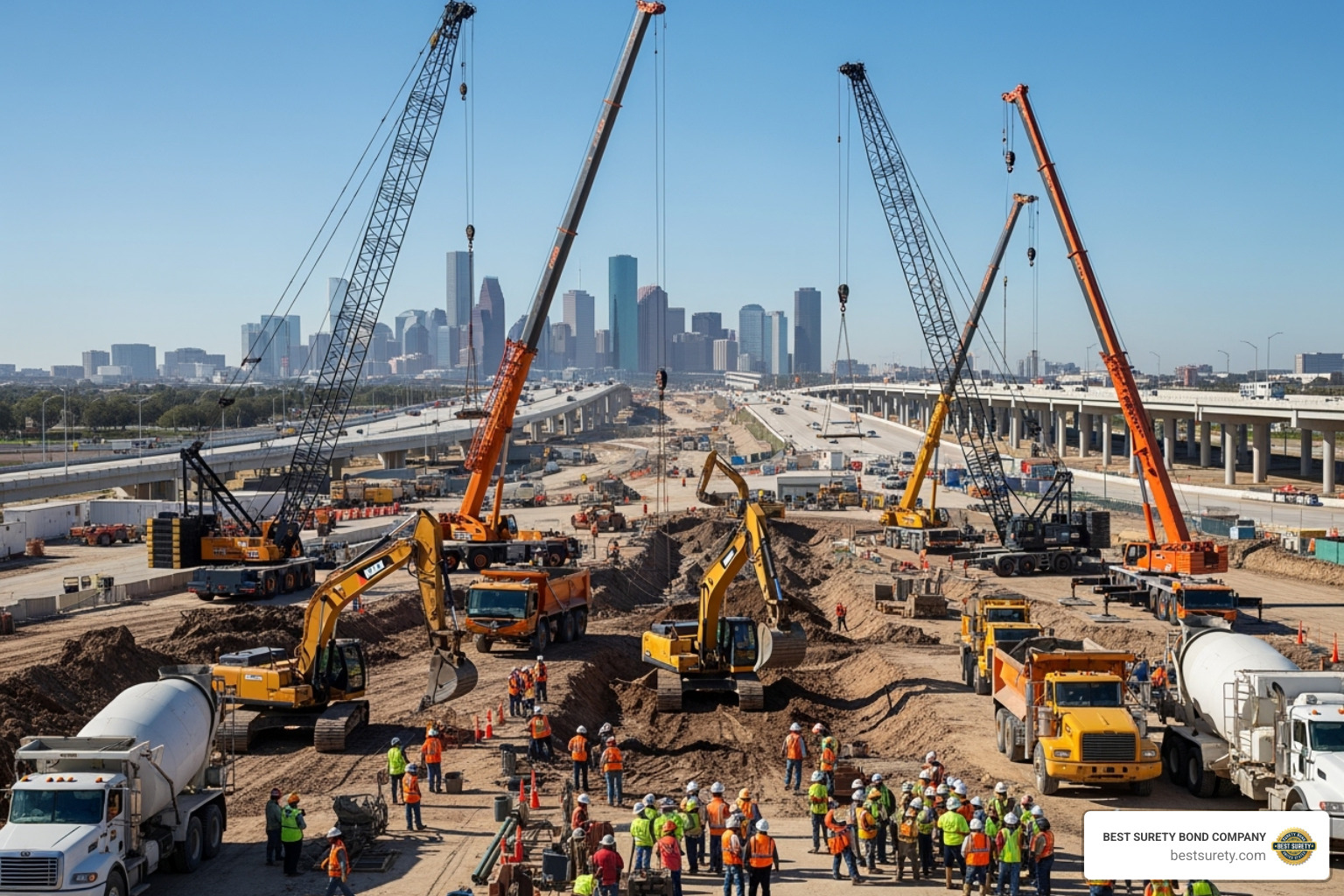 A large public works construction project in Houston, TX, with heavy machinery and workers - pay bond online
