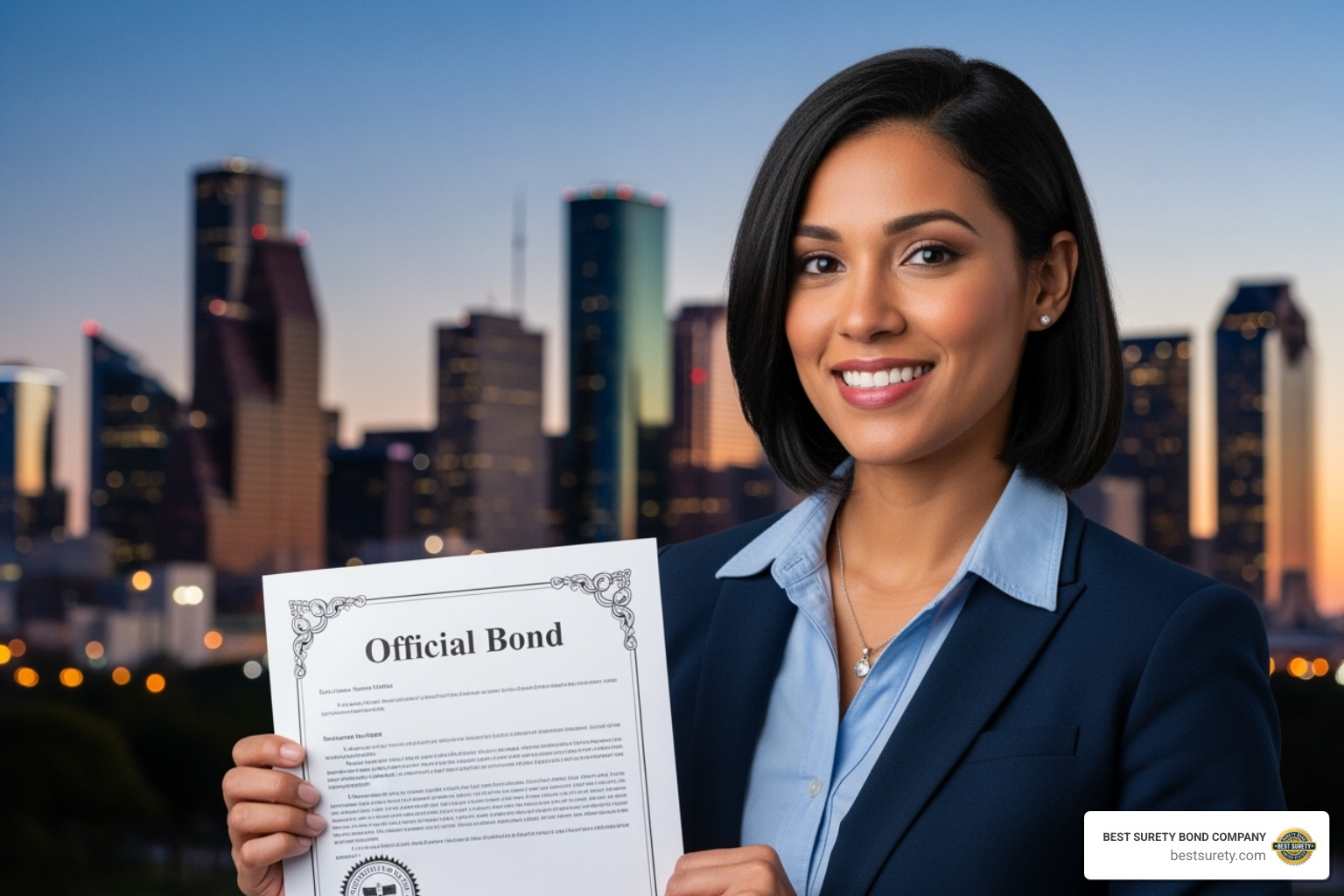 A smiling Houston business owner holding their official bond document, with the Houston skyline blurred in the background - pay bond online