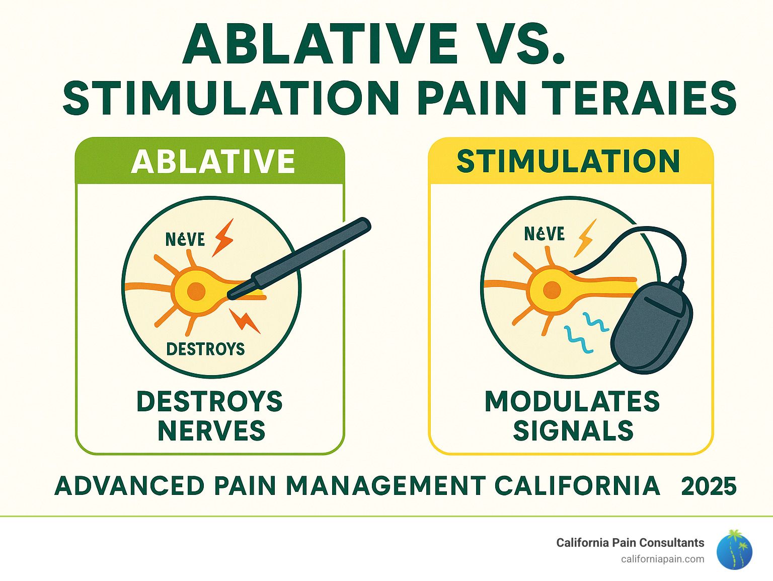 Infographic explaining ablative vs. stimulation pain therapies, showing how one destroys nerves and the other modulates signals - advanced pain management california infographic 