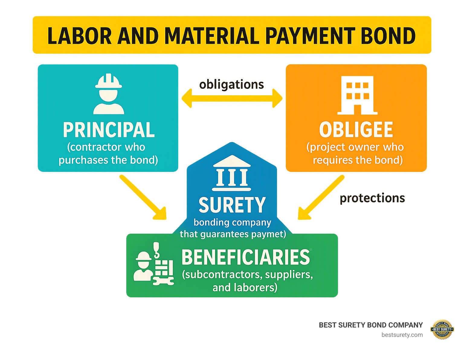 Infographic showing the three-party relationship in a labor and material payment bond: Principal (contractor who purchases the bond), Obligee (project owner who requires the bond), and Surety (bonding company that guarantees payment), with arrows showing the flow of obligations and protections to Beneficiaries (subcontractors, suppliers, and laborers) - labor and material payment bond infographic Infographic showing the three-party relationship in a labor and material payment bond: Principal (contractor who purchases the bond), Obligee (project owner who requires the bond), and Surety (bonding company that guarantees payment), with arrows showing the flow of obligations and protections to Beneficiaries (subcontractors, suppliers, and laborers) - labor and material payment bond infographic