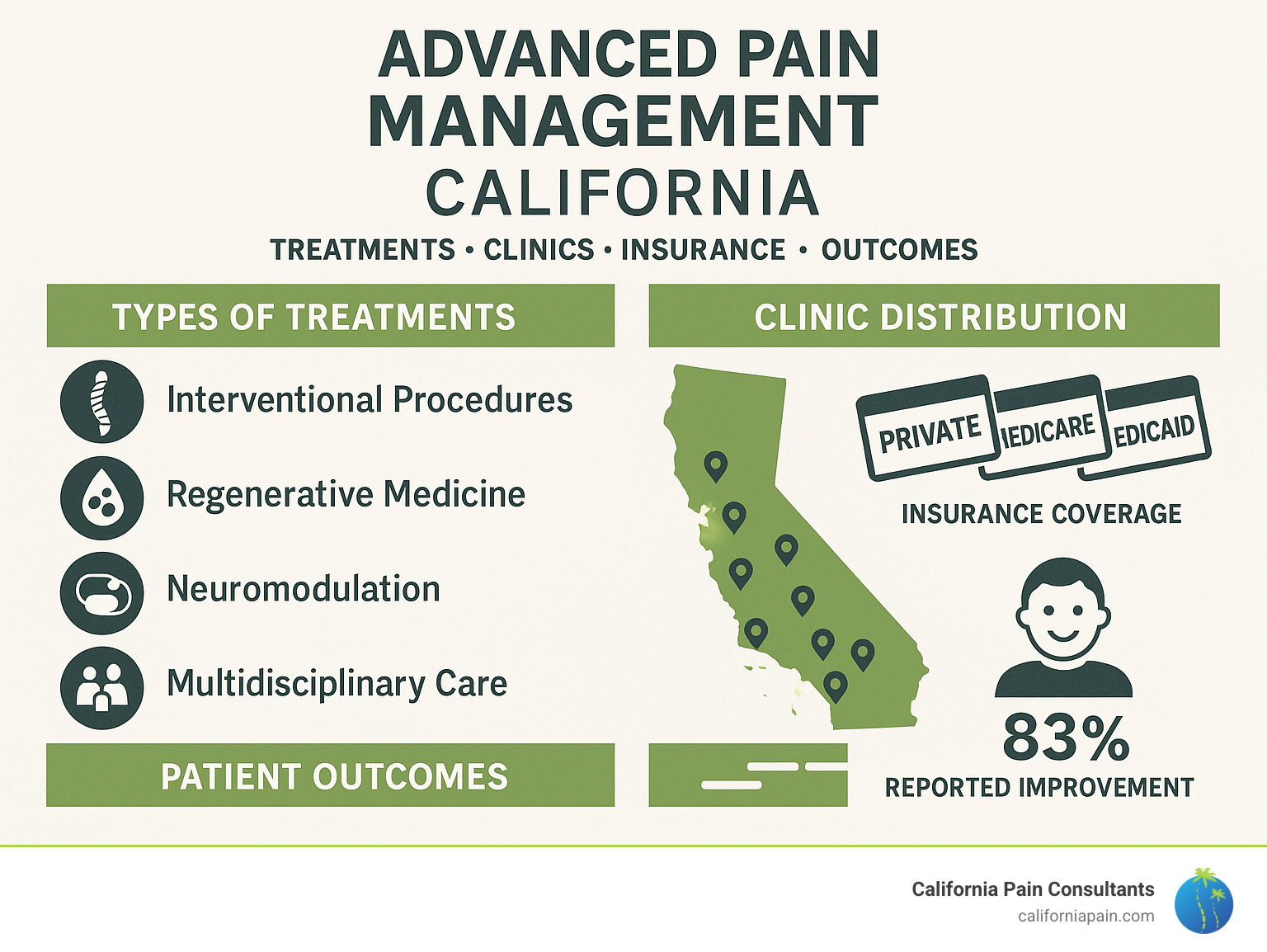 Comprehensive infographic showing California's advanced pain management ecosystem including types of treatments available, regional clinic distribution, insurance coverage options, and patient outcomes data - advanced pain management california infographic 