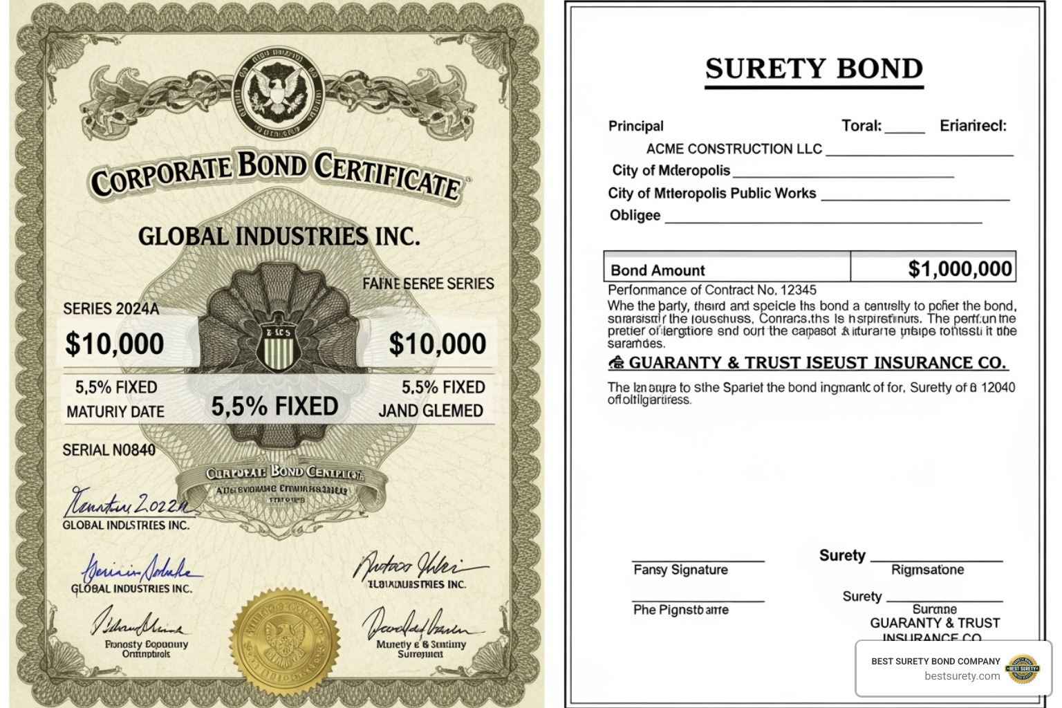 Image comparing a corporate bond certificate (representing debt financing) with a surety bond document (representing a financial guarantee) - premium on bonds payable
