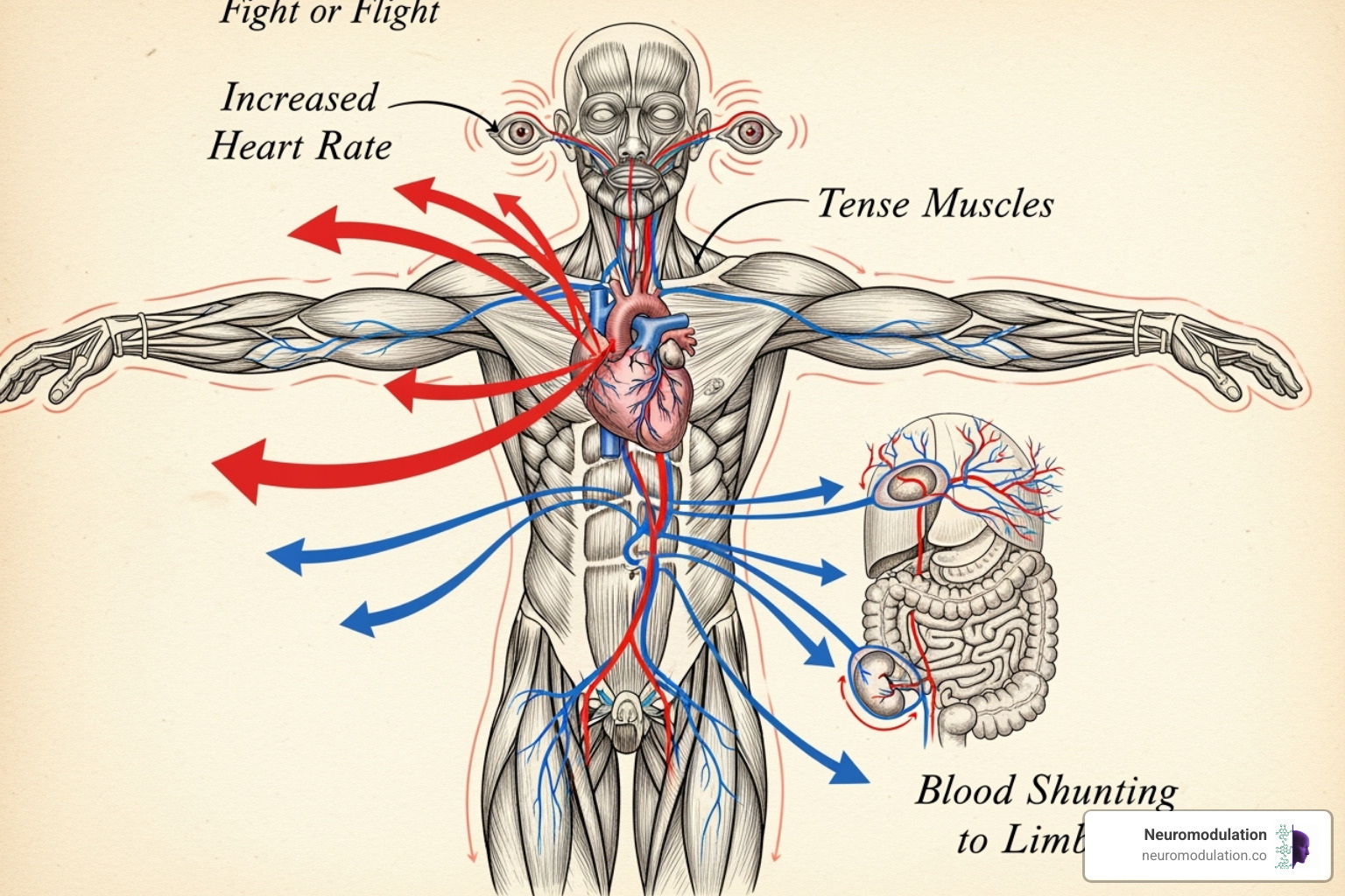 An illustration detailing the physiological changes during a fight or flight response, showing an individual's body with arrows indicating increased heart rate, dilated pupils, tense muscles, and blood shunting from organs to limbs. - fight or flight response parasympathetic nervous system An illustration detailing the physiological changes during a fight or flight response, showing an individual's body with arrows indicating increased heart rate, dilated pupils, tense muscles, and blood shunting from organs to limbs. - fight or flight response parasympathetic nervous system