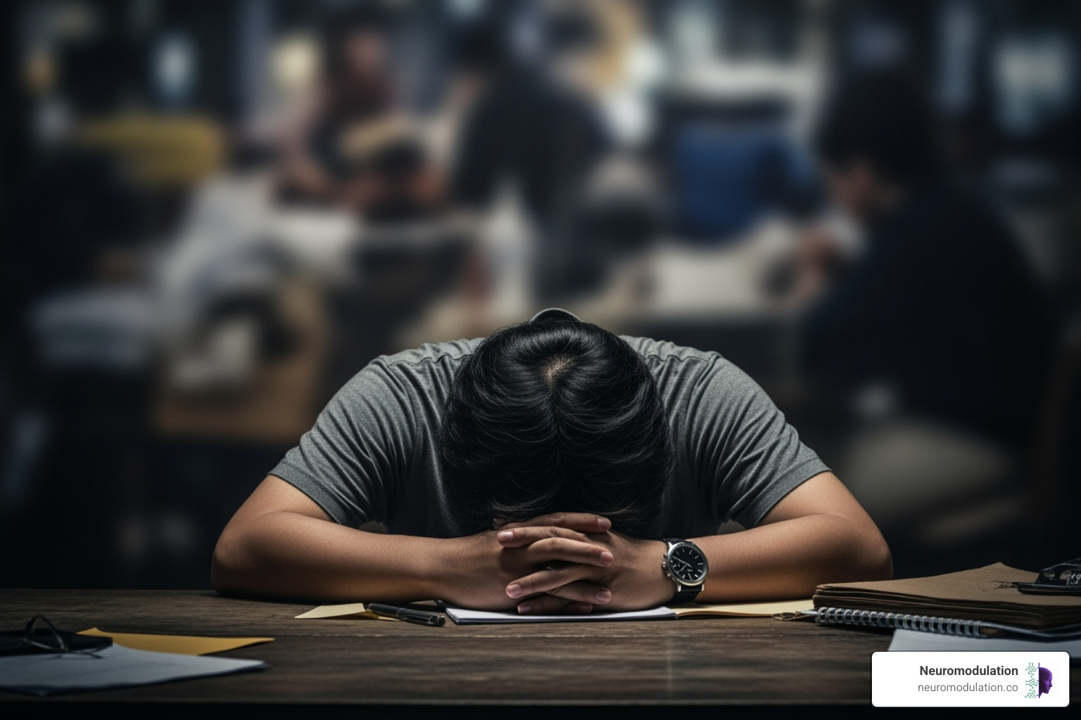 A person sitting hunched over, with their head in their hands, looking stressed and overwhelmed, surrounded by blurred elements suggesting a chaotic environment. - fight or flight response parasympathetic nervous system A person sitting hunched over, with their head in their hands, looking stressed and overwhelmed, surrounded by blurred elements suggesting a chaotic environment. - fight or flight response parasympathetic nervous system