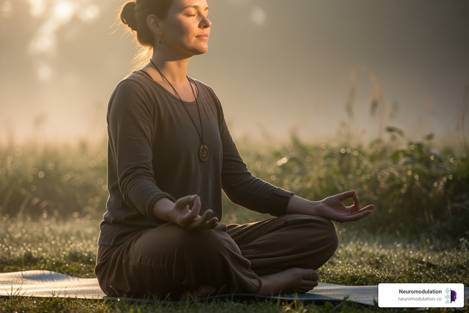 A serene image of a person sitting in a lotus position on a yoga mat outdoors, with their eyes closed, practicing deep breathing or meditation in a calm, natural setting. - fight or flight response parasympathetic nervous system A serene image of a person sitting in a lotus position on a yoga mat outdoors, with their eyes closed, practicing deep breathing or meditation in a calm, natural setting. - fight or flight response parasympathetic nervous system