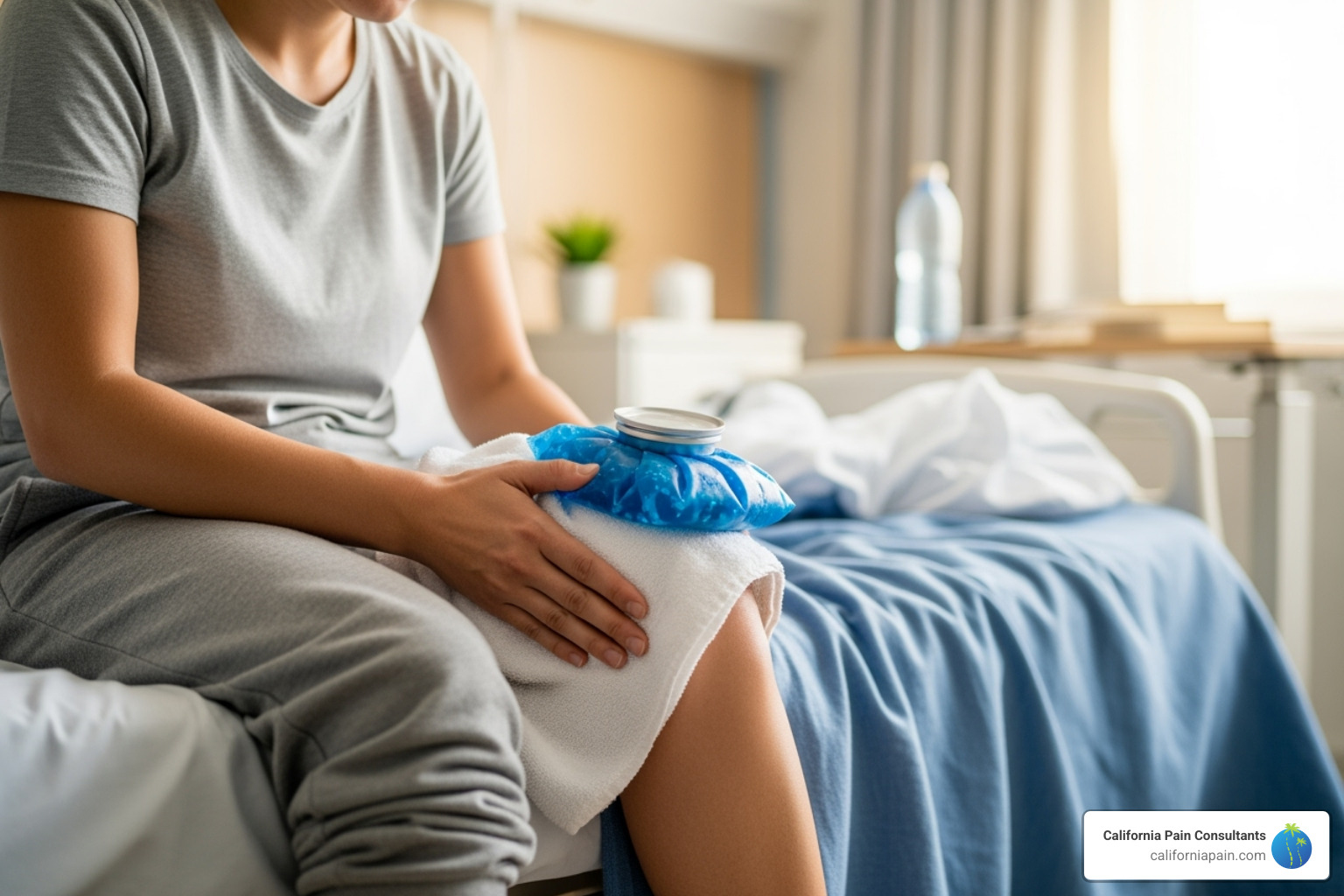 patient using an ice pack on their knee - post-surgical pain treatment