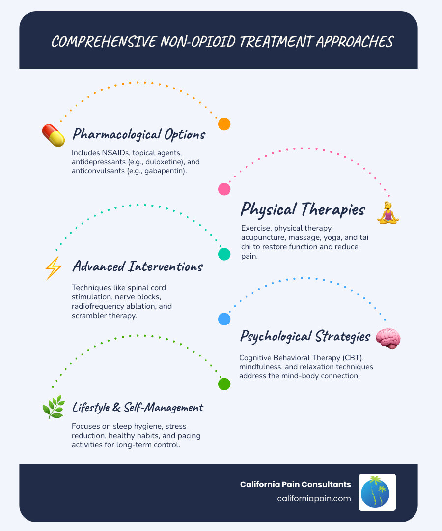 Comprehensive infographic showing the four main categories of non-opioid chronic pain treatments: pharmacological options including NSAIDs and antidepressants, physical therapies like exercise and acupuncture, advanced interventional procedures such as spinal cord stimulation, and psychological approaches including CBT and mindfulness techniques - non opioid treatment for chronic pain infographic infographic-line-5-steps-blues-accent_colors Comprehensive infographic showing the four main categories of non-opioid chronic pain treatments: pharmacological options including NSAIDs and antidepressants, physical therapies like exercise and acupuncture, advanced interventional procedures such as spinal cord stimulation, and psychological approaches including CBT and mindfulness techniques - non opioid treatment for chronic pain infographic infographic-line-5-steps-blues-accent_colors