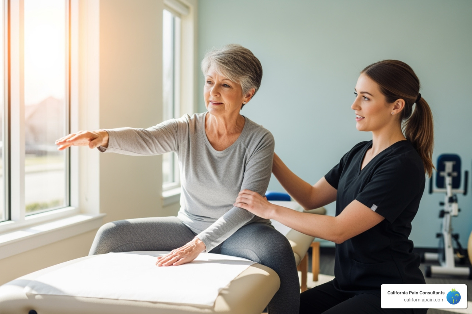 A patient performing a gentle stretching exercise with the guidance of a physical therapist - non opioid treatment for chronic pain A patient performing a gentle stretching exercise with the guidance of a physical therapist - non opioid treatment for chronic pain