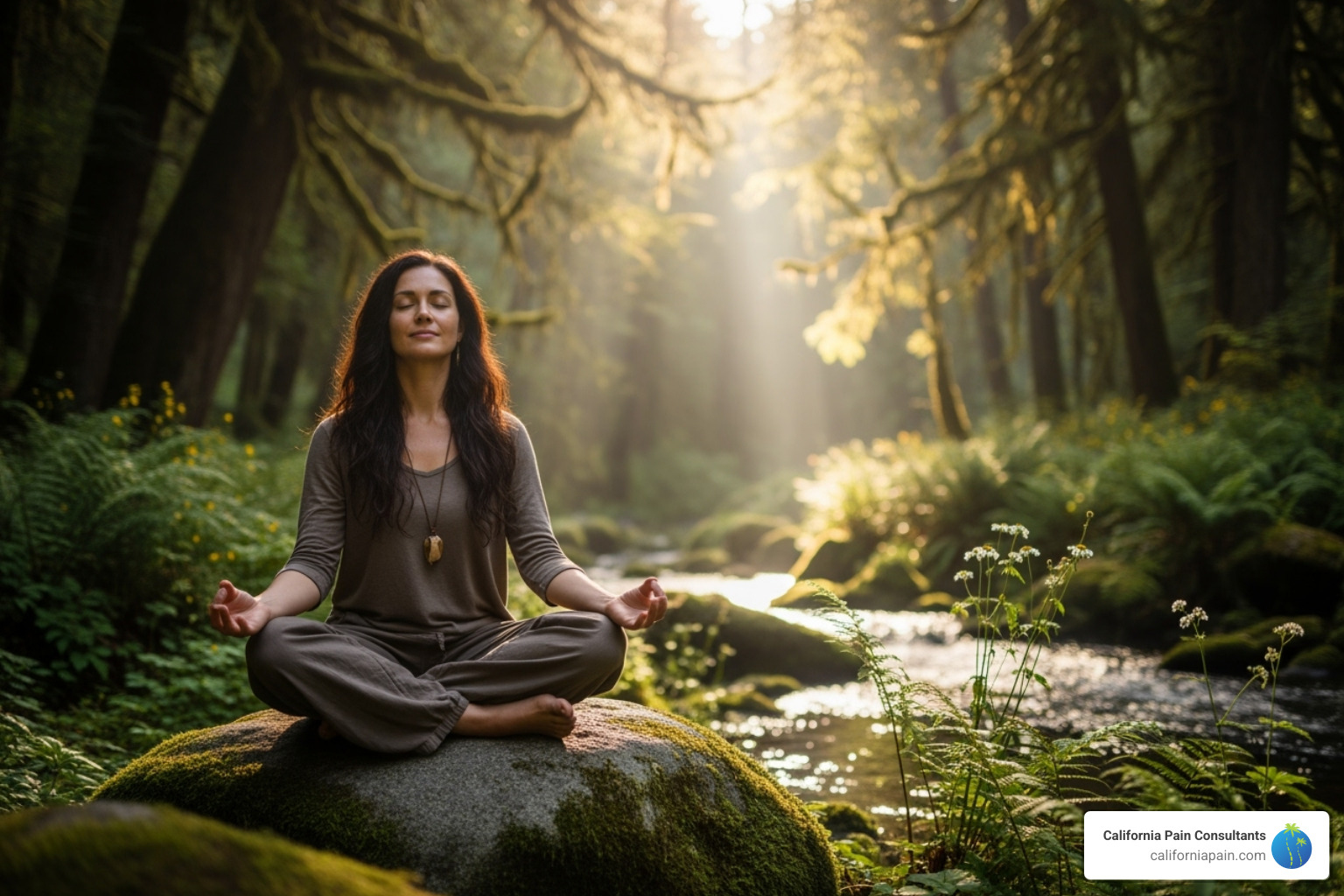 A person sitting comfortably in a serene setting, meditating with eyes closed, hands resting gently, conveying peace and calm - non opioid treatment for chronic pain A person sitting comfortably in a serene setting, meditating with eyes closed, hands resting gently, conveying peace and calm - non opioid treatment for chronic pain