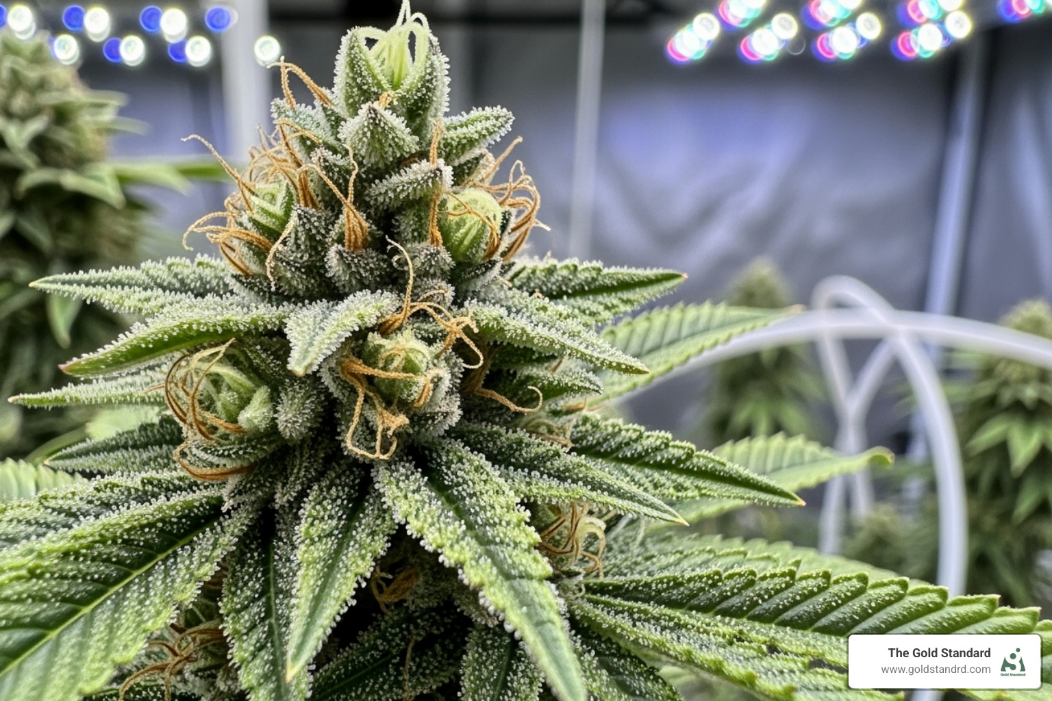 A well-lit macro shot of trichomes on a cannabis flower, with a subtle high-tech background related to cultivation, from a New York brand. - professional cannabis photography