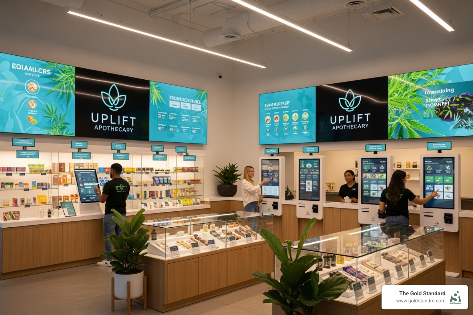 A modern, welcoming New York dispensary interior, showcasing digital displays or tech-enabled customer experience, with a focus on compliant branding. - professional cannabis photography