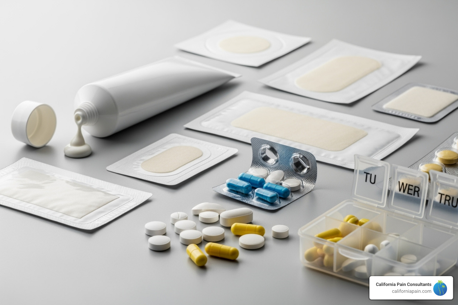 Various non-opioid medications like topical creams, patches, and oral pills, arranged neatly on a surface - non opioid treatment for chronic pain Various non-opioid medications like topical creams, patches, and oral pills, arranged neatly on a surface - non opioid treatment for chronic pain