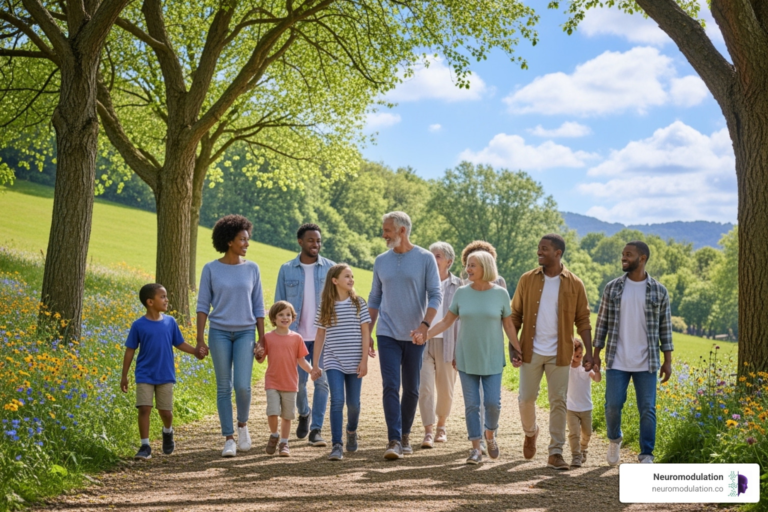 A diverse group of people of various ages and backgrounds smiling and walking together in a lush green park, enjoying nature and each other's company - parasympathetic nervous system response