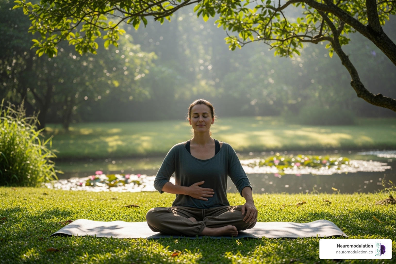 A person sitting calmly in a serene outdoor setting, practicing slow, deep diaphragmatic breathing with their hand gently placed on their abdomen - parasympathetic nervous system response