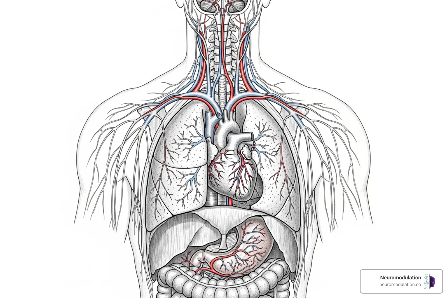 Detailed illustration of the vagus nerve's pathway from the brainstem, branching out to innervate the heart, lungs, stomach, and intestines, with clear labels for each major organ connection - parasympathetic nervous system response