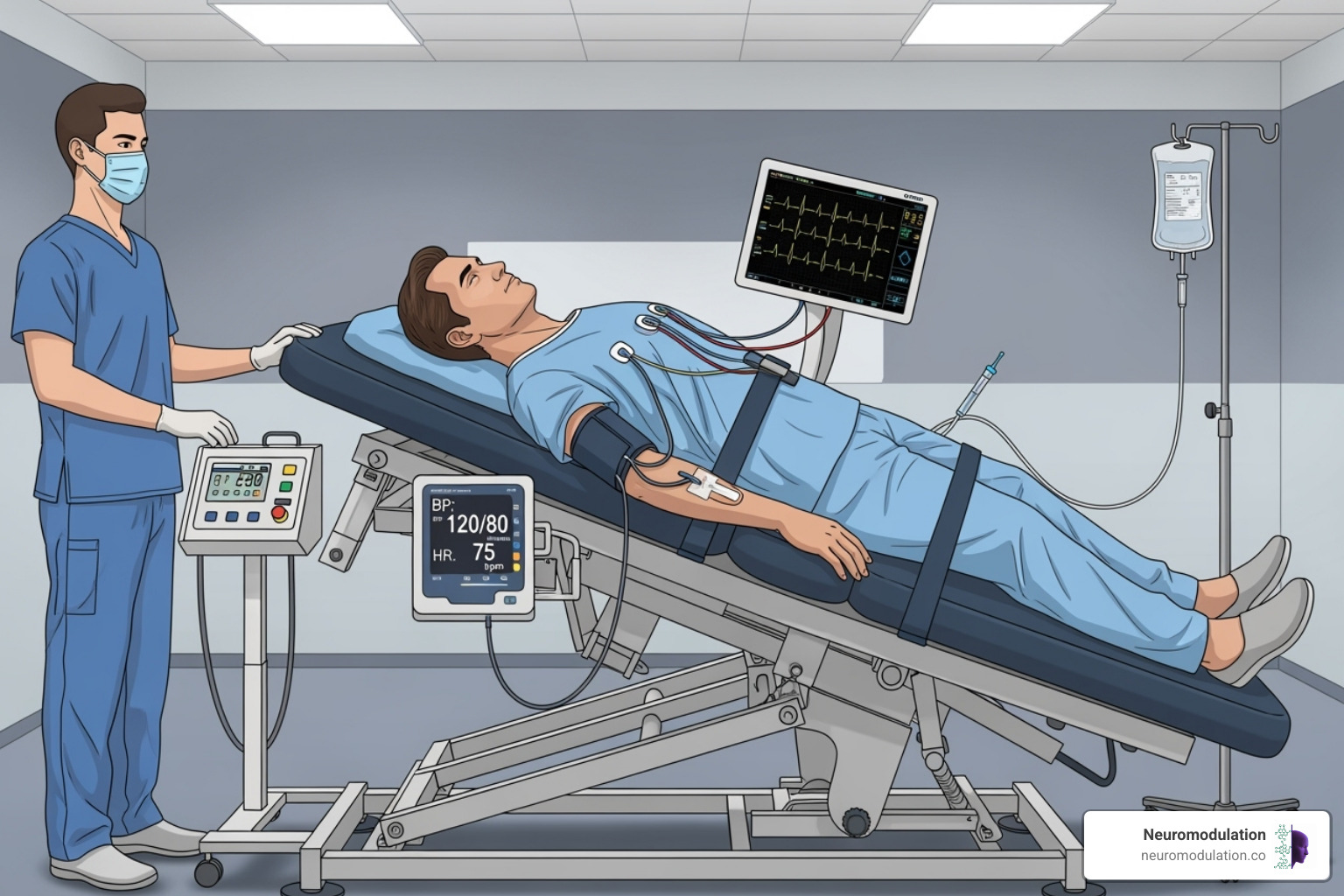 An illustration of a patient undergoing a tilt-table test, showing blood pressure and heart rate monitoring while the table is tilted to assess orthostatic hypotension - anatomy of sympathetic and parasympathetic nervous system An illustration of a patient undergoing a tilt-table test, showing blood pressure and heart rate monitoring while the table is tilted to assess orthostatic hypotension - anatomy of sympathetic and parasympathetic nervous system