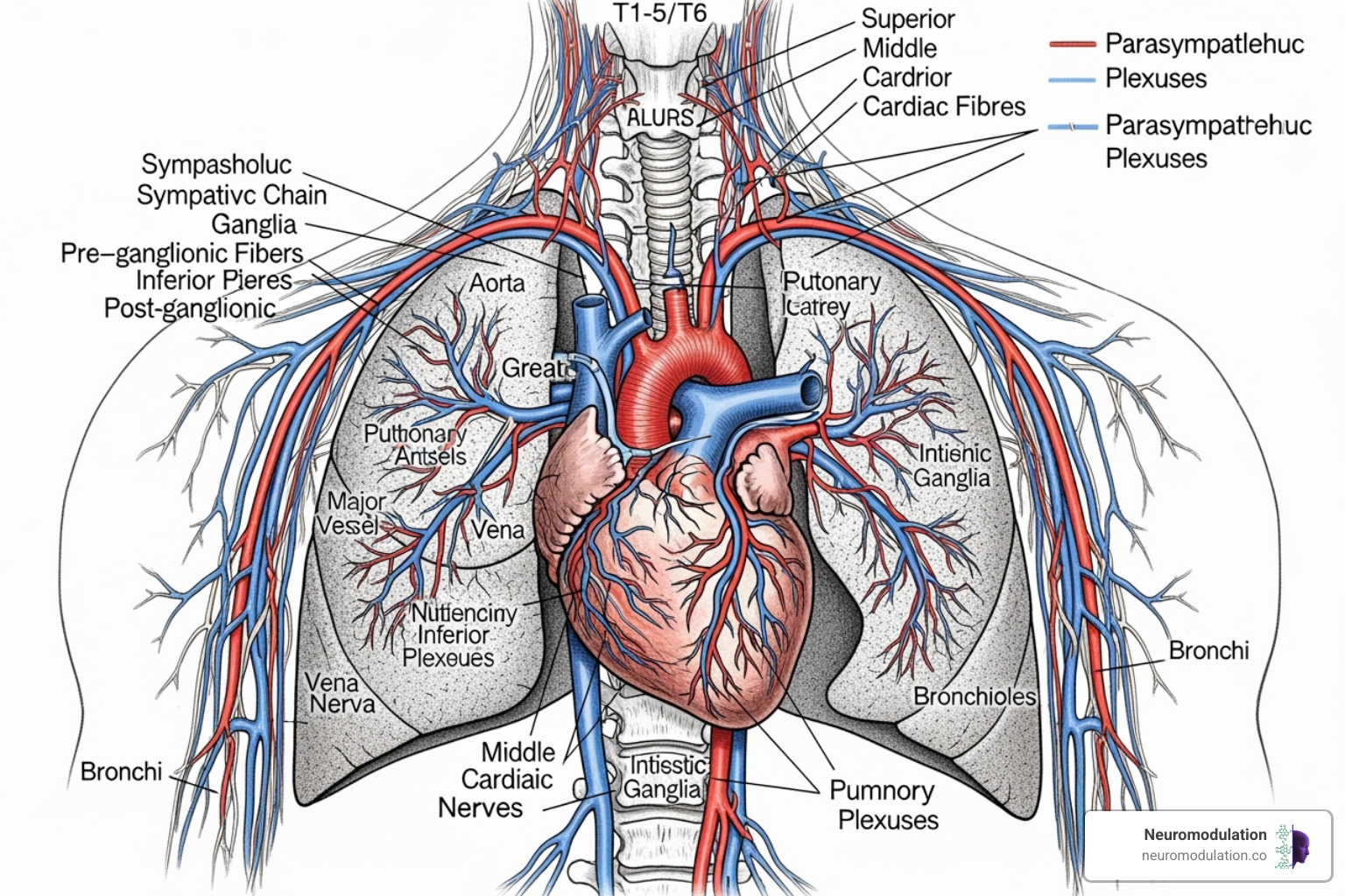 Image showing dual innervation of the heart and lungs by the sympathetic and parasympathetic nervous systems, with distinct nerve pathways and effects - anatomy of sympathetic and parasympathetic nervous system Image showing dual innervation of the heart and lungs by the sympathetic and parasympathetic nervous systems, with distinct nerve pathways and effects - anatomy of sympathetic and parasympathetic nervous system
