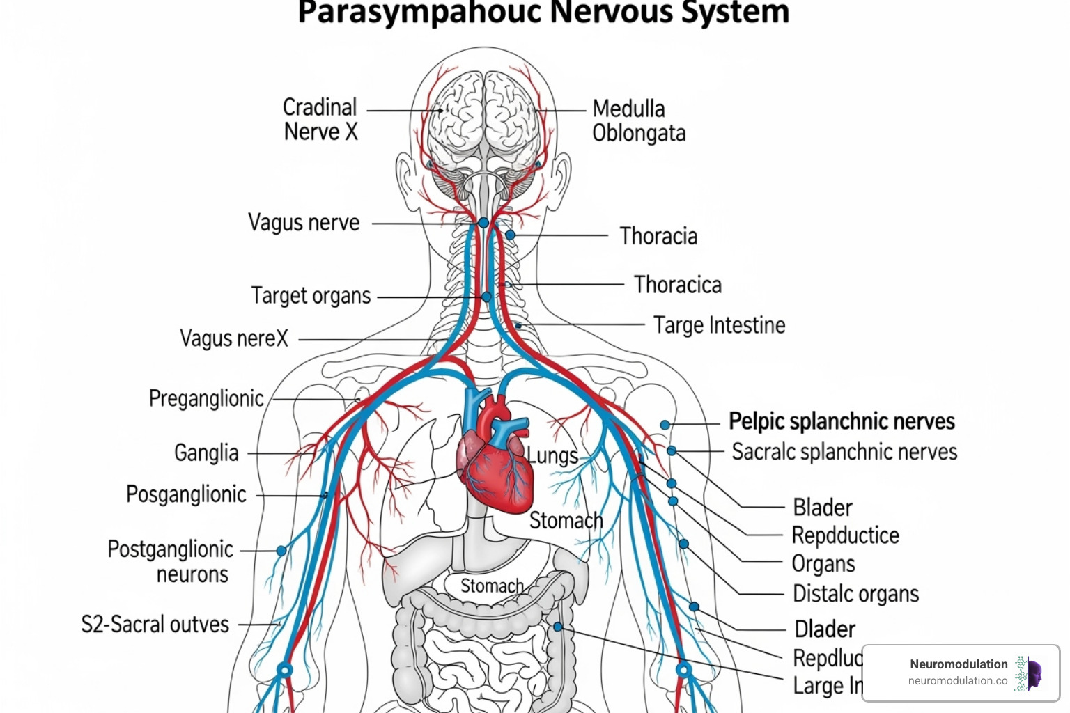 Parasympathetic nervous system pathways highlighting the vagus nerve's extensive reach from the brainstem to thoracic and abdominal viscera, and sacral outflow to pelvic organs - anatomy of sympathetic and parasympathetic nervous system Parasympathetic nervous system pathways highlighting the vagus nerve's extensive reach from the brainstem to thoracic and abdominal viscera, and sacral outflow to pelvic organs - anatomy of sympathetic and parasympathetic nervous system