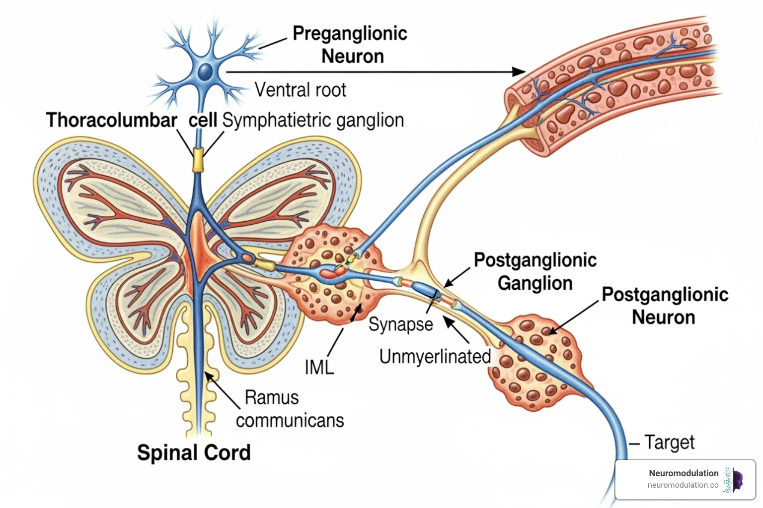 Sympathetic nervous system pathway from spinal cord to target organ, showing preganglionic and postganglionic neurons, ganglia, and target tissues - anatomy of sympathetic and parasympathetic nervous system Sympathetic nervous system pathway from spinal cord to target organ, showing preganglionic and postganglionic neurons, ganglia, and target tissues - anatomy of sympathetic and parasympathetic nervous system