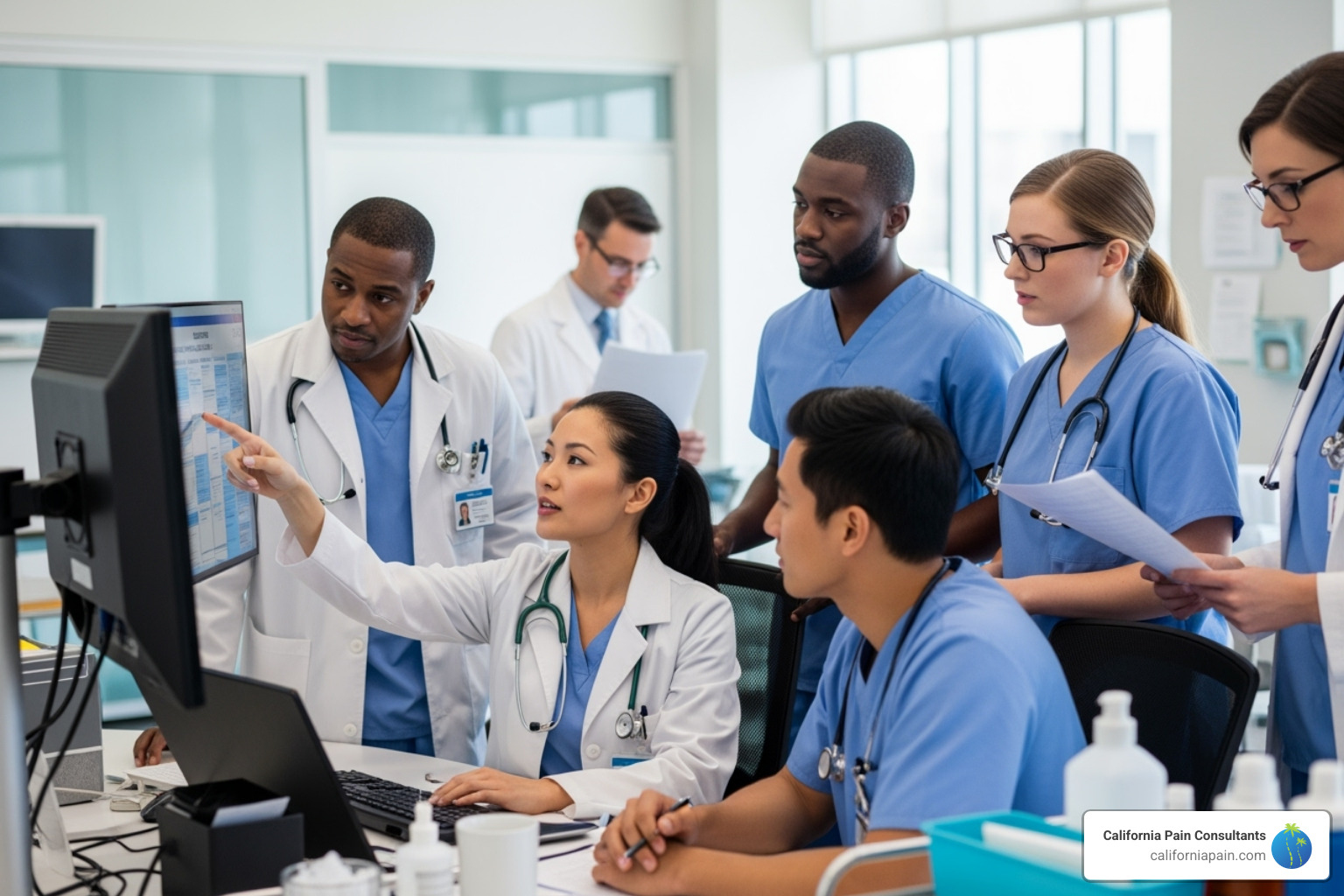 of a diverse team of healthcare professionals collaborating - chronic pain treatment center