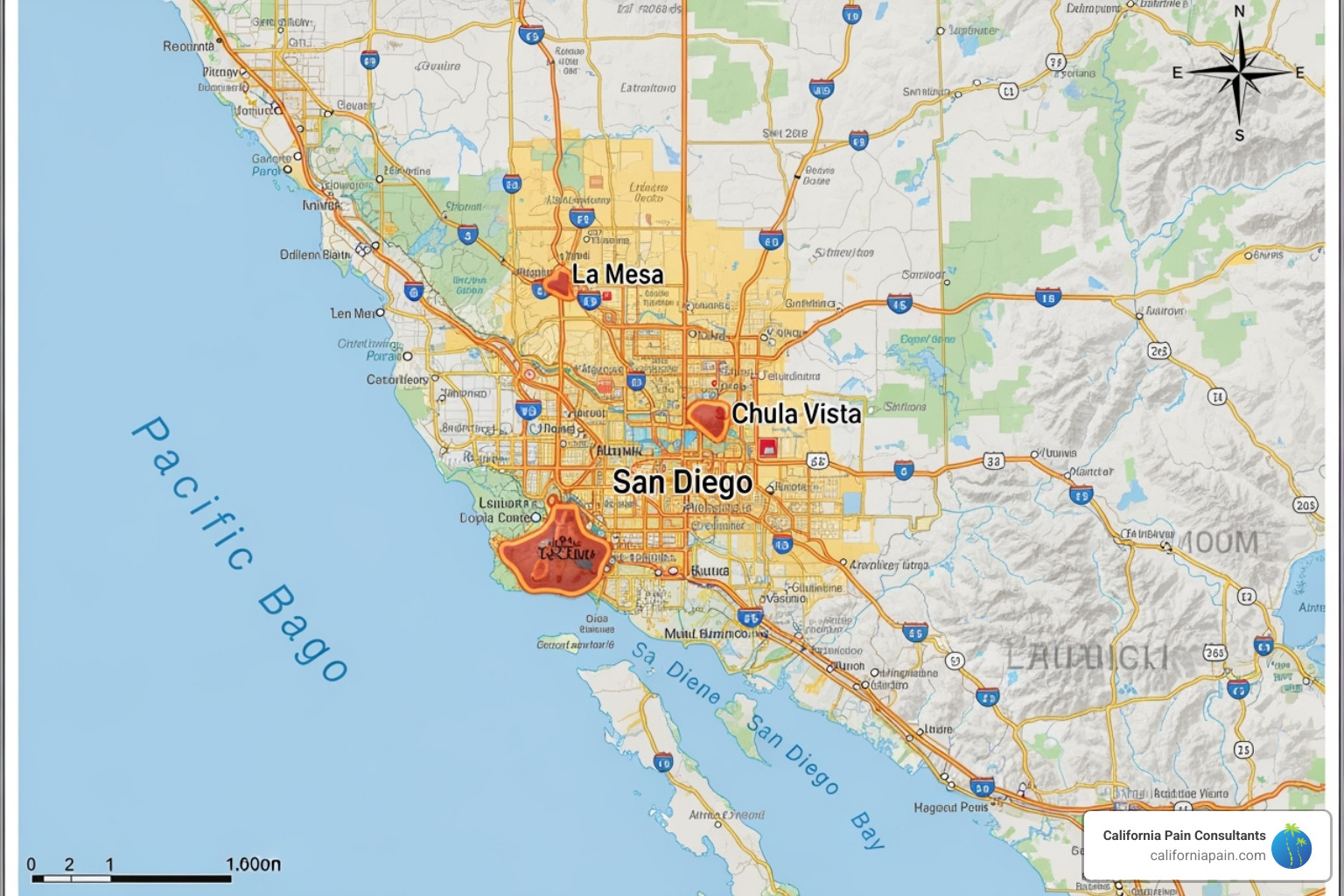 of a map highlighting the San Diego, La Mesa, and Chula Vista areas - chronic pain treatment center