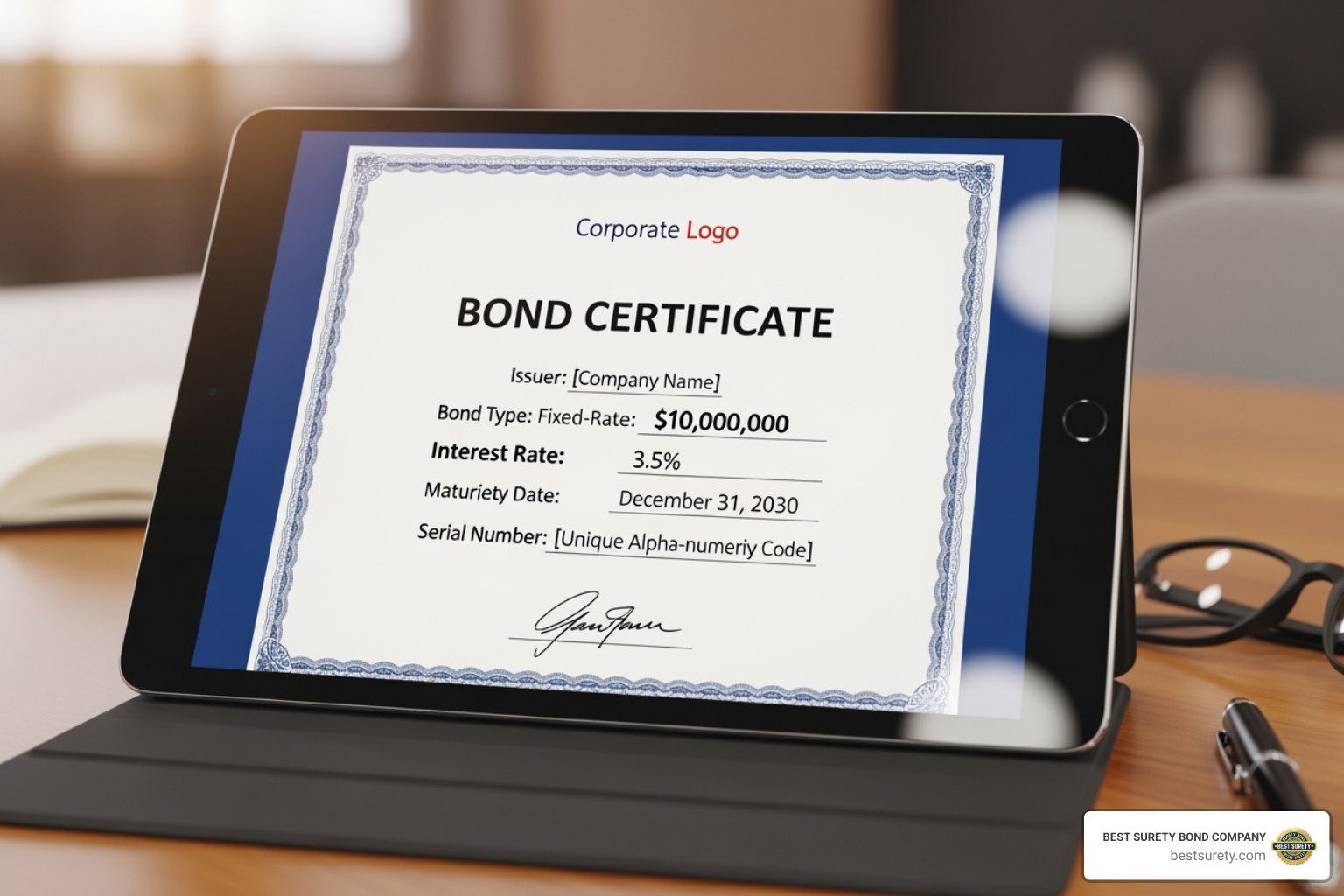 Digital bond certificate on a tablet - bid and performance bonds Digital bond certificate on a tablet - bid and performance bonds