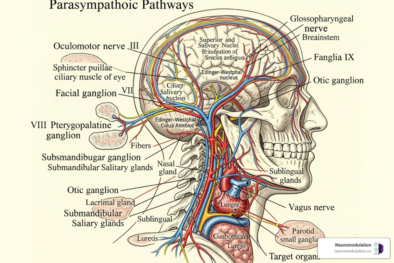 Detailed illustration of the cranial nerve parasympathetic pathways in the head and neck, showing the oculomotor, facial, glossopharyngeal, and vagus nerves, their associated ganglia, and their innervation targets such as the eye, salivary glands, lacrimal glands, and parotid gland. - anatomy of parasympathetic nervous system Detailed illustration of the cranial nerve parasympathetic pathways in the head and neck, showing the oculomotor, facial, glossopharyngeal, and vagus nerves, their associated ganglia, and their innervation targets such as the eye, salivary glands, lacrimal glands, and parotid gland. - anatomy of parasympathetic nervous system