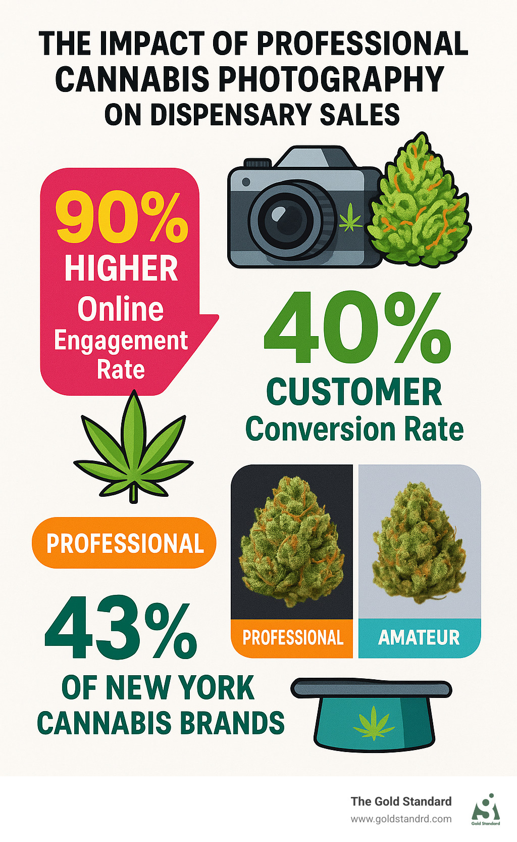 Infographic showing the impact of professional cannabis photography on dispensary sales, including statistics on online engagement rates, customer conversion metrics, and the difference between professional vs amateur product photos for New York cannabis brands - professional cannabis photography infographic 