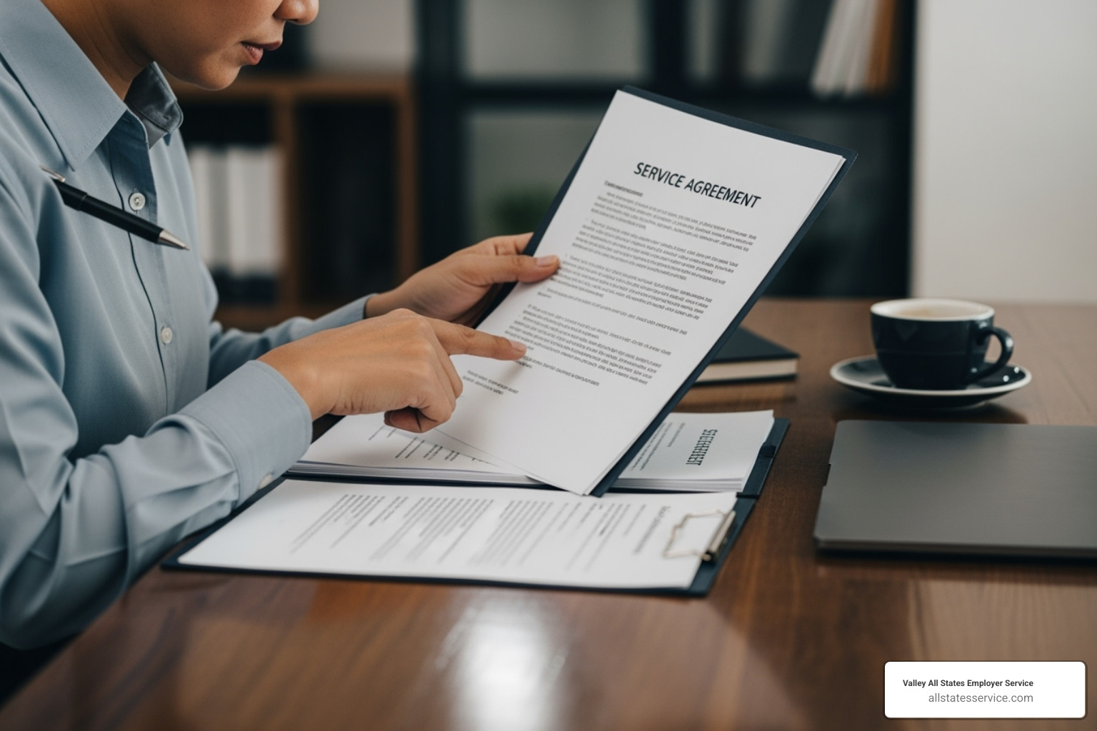 A person carefully reviewing a service agreement - Outsourced HR compliance A person carefully reviewing a service agreement - Outsourced HR compliance