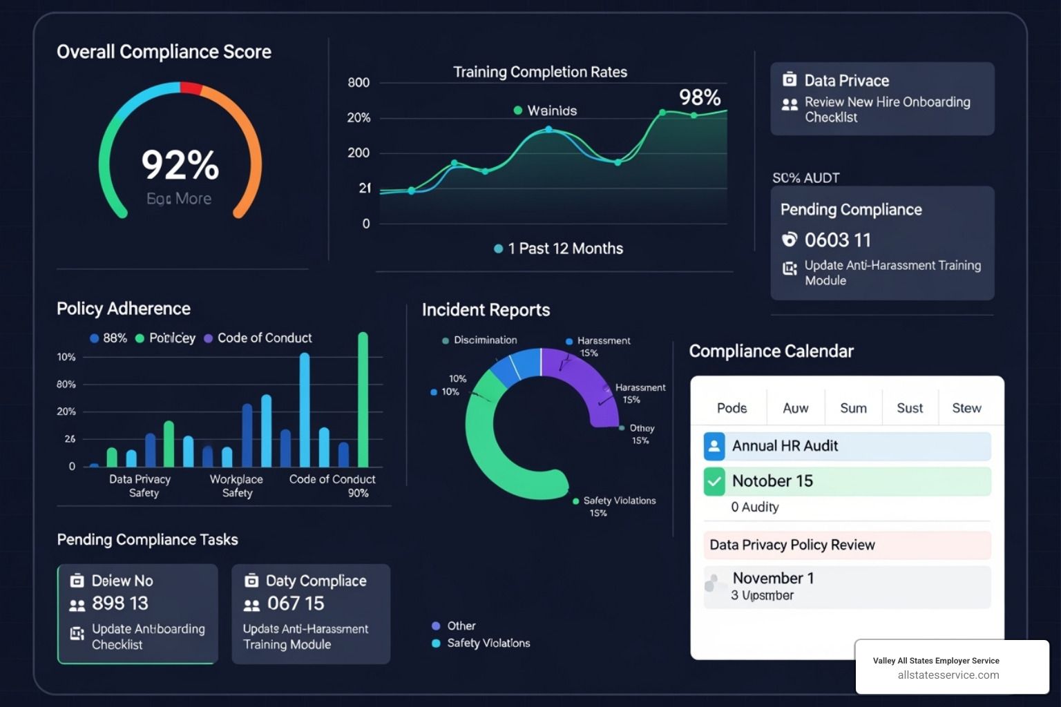 A digital dashboard showing various HR compliance metrics - Outsourced HR compliance A digital dashboard showing various HR compliance metrics - Outsourced HR compliance