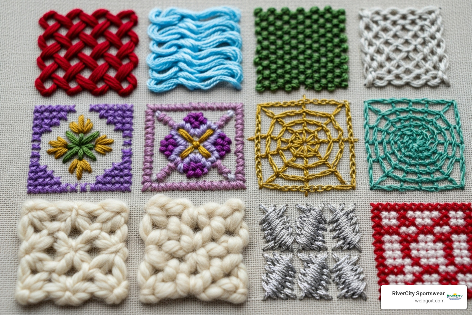 Image of embroidery techniques showing different stitch patterns and thread types - custom logo fleece blankets