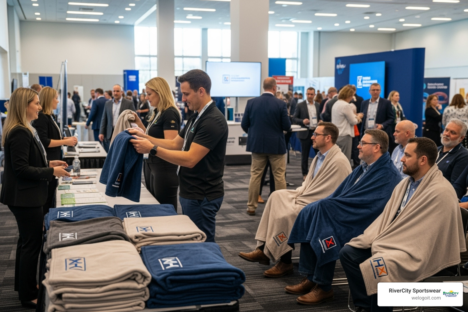 Image of corporate events with branded custom logo fleece blankets as giveaways - custom logo fleece blankets