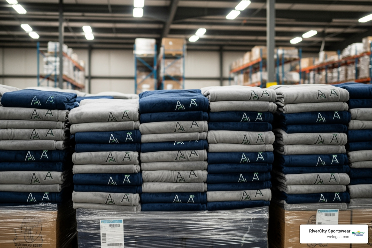 Image of bulk ordering custom logo fleece blankets with a large stack of folded blankets - custom logo fleece blankets