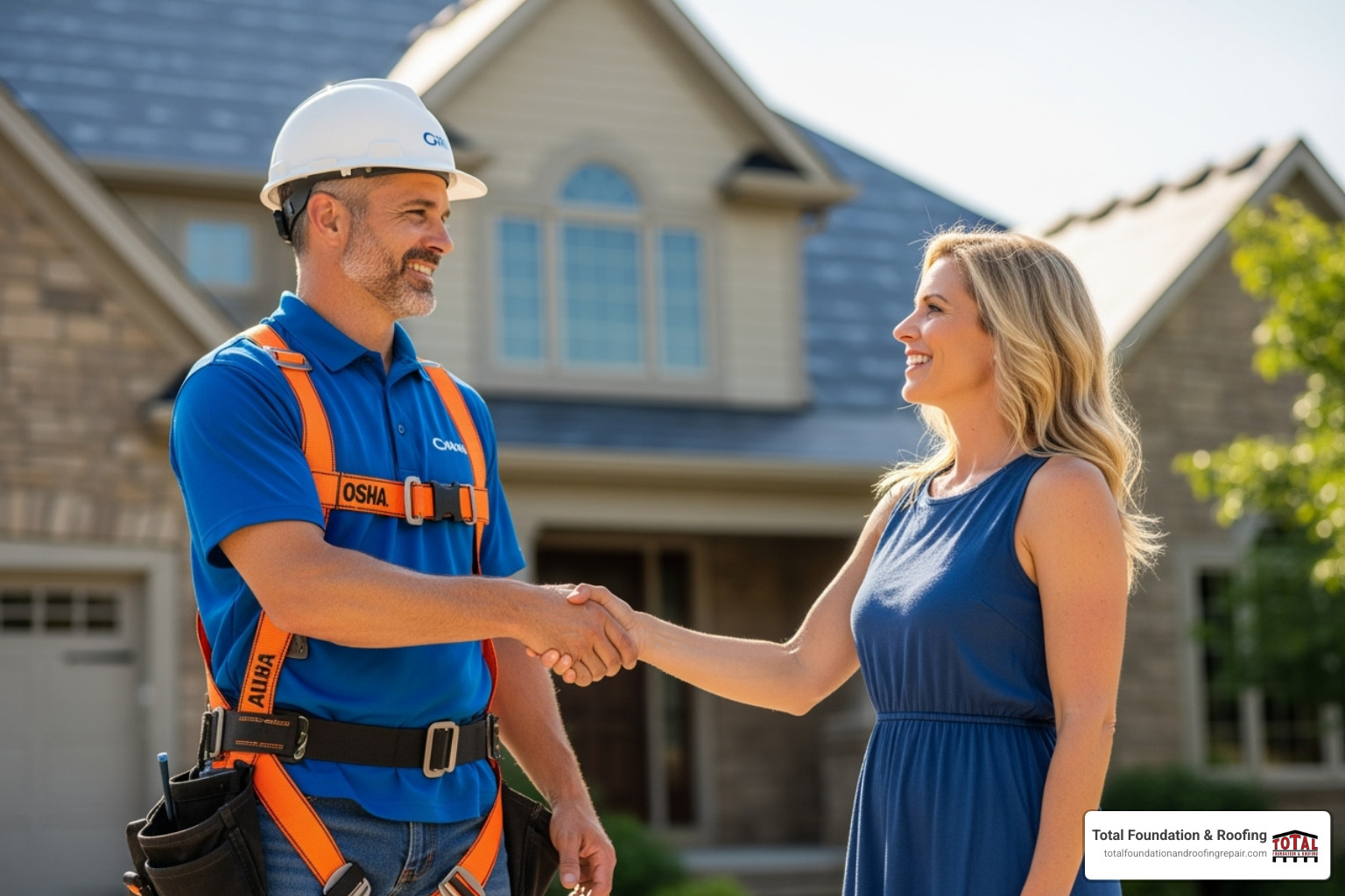 Friendly contractor with safety harness shaking hands with a homeowner - home roof replacement cost Friendly contractor with safety harness shaking hands with a homeowner - home roof replacement cost