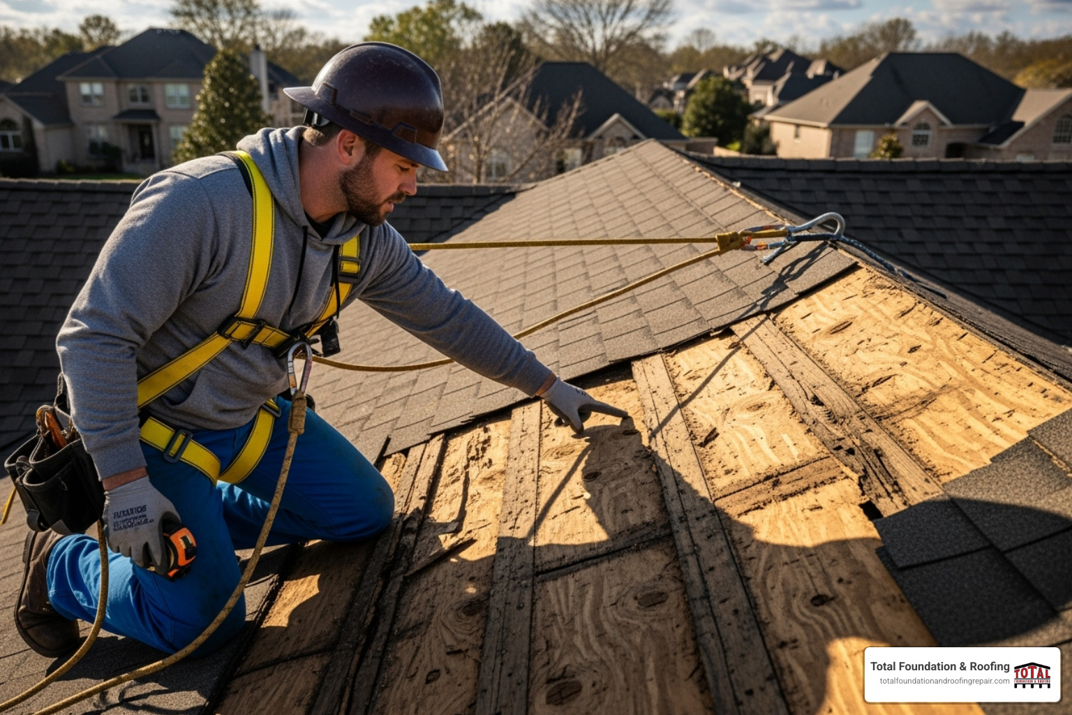 Roofer with safety harness inspecting damaged roof decking - home roof replacement cost Roofer with safety harness inspecting damaged roof decking - home roof replacement cost