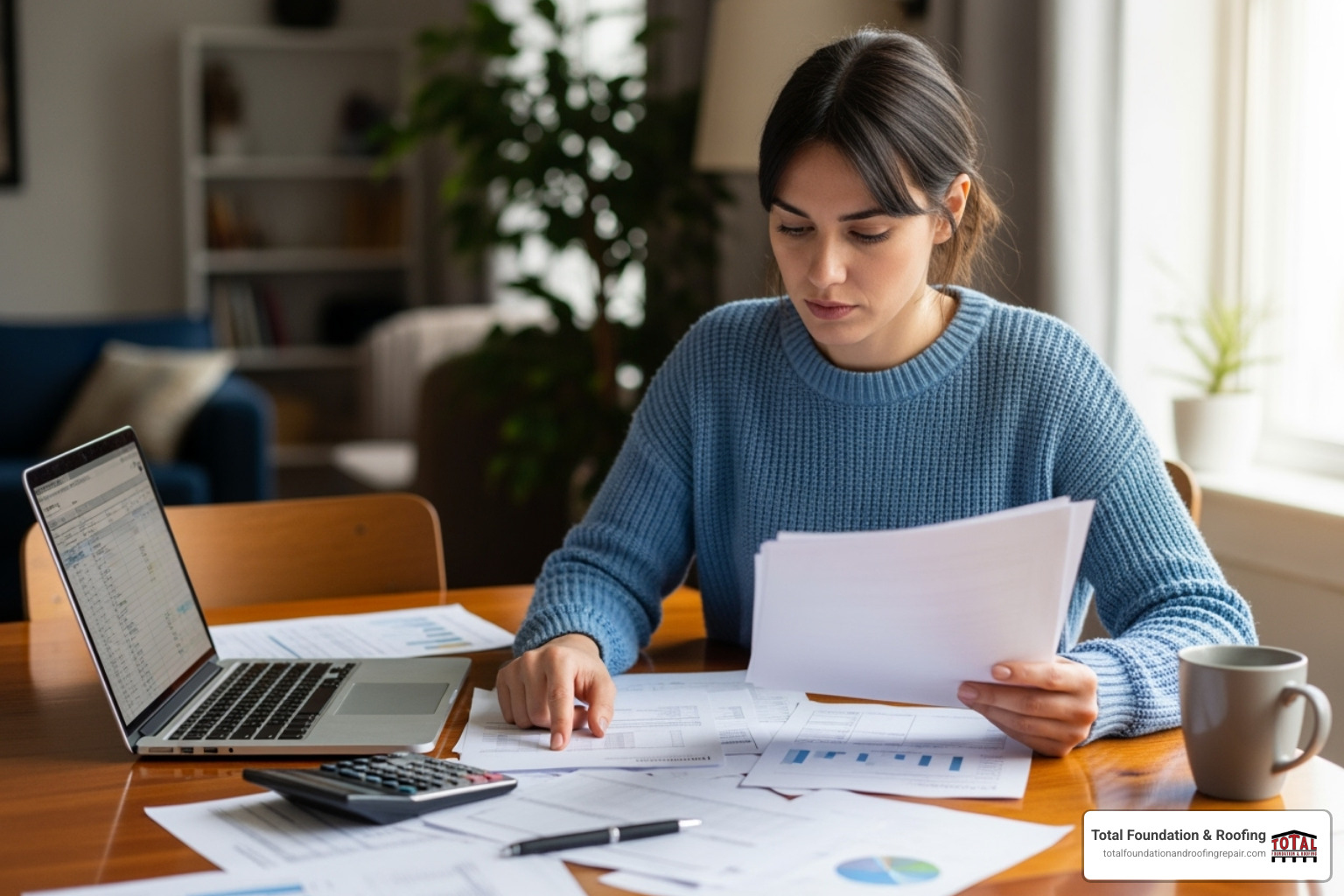 Homeowner reviewing financing documents - home roof replacement cost Homeowner reviewing financing documents - home roof replacement cost