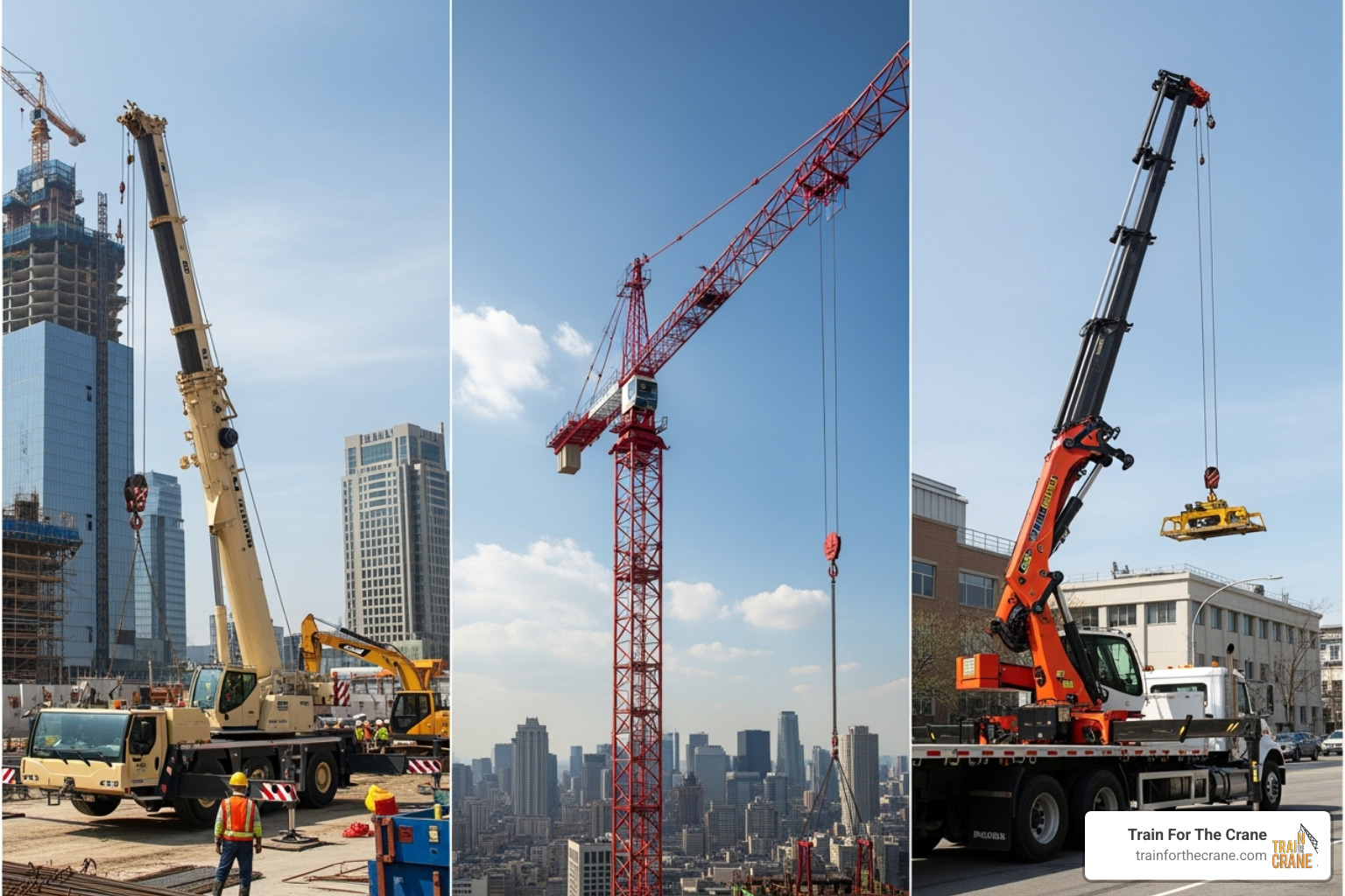 A collage showing different types of cranes: a Mobile Crane on a construction site, a tall Tower Crane reaching into the sky, and an Articulating Crane extending its boom - nccco sample questions A collage showing different types of cranes: a Mobile Crane on a construction site, a tall Tower Crane reaching into the sky, and an Articulating Crane extending its boom - nccco sample questions